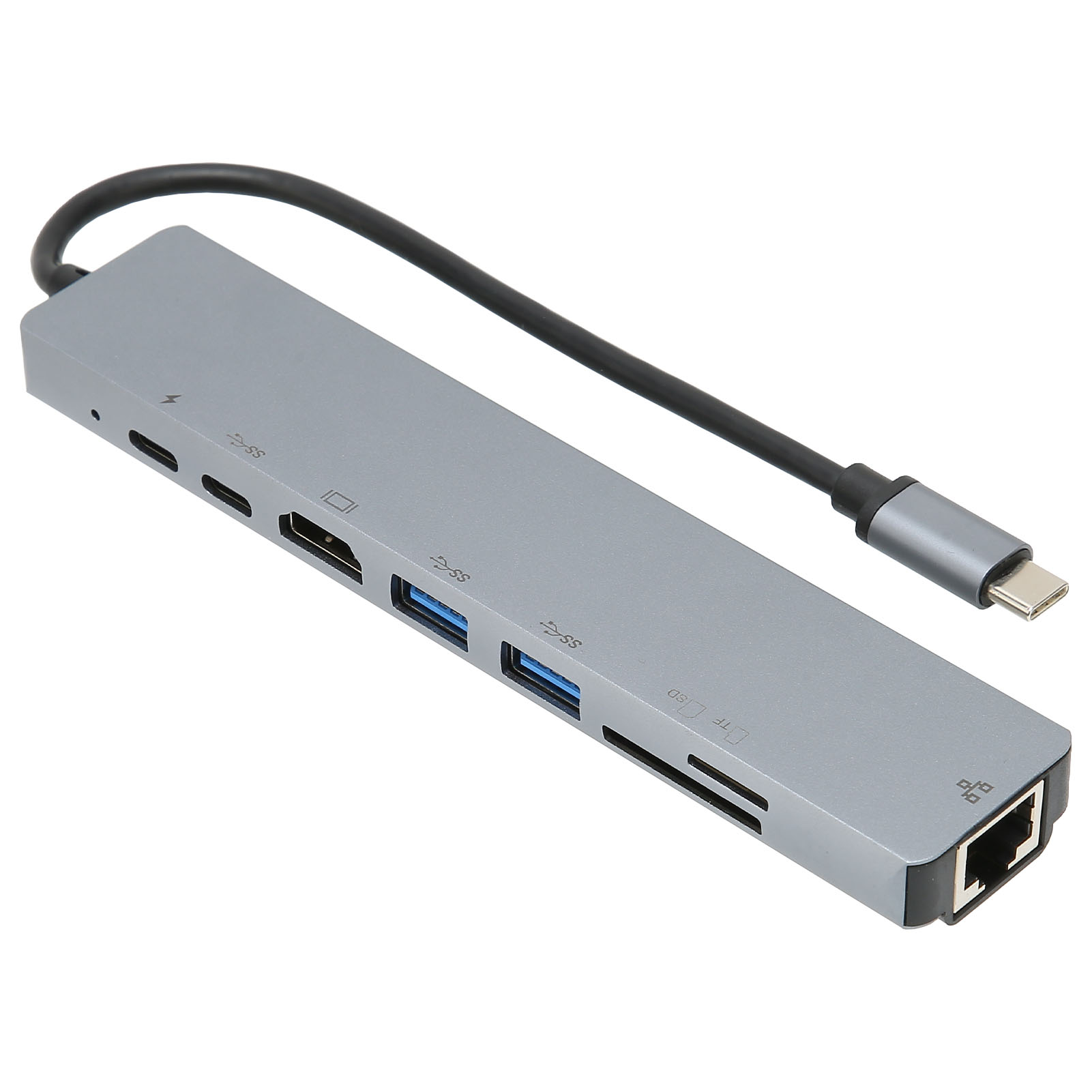 Ein silberner USB-C-Hub mit verschiedenen Anschlüssen wie HDMI, USB und einem Ethernet-Anschluss.