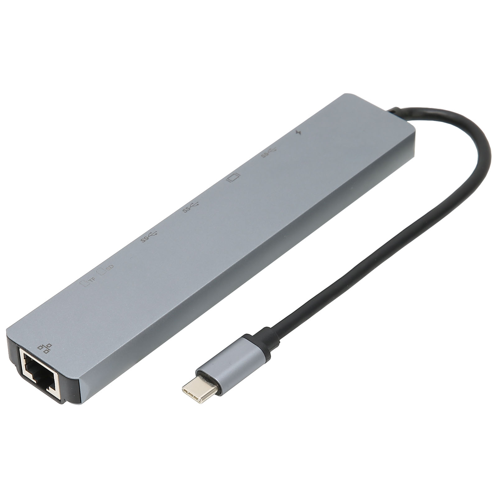 Ein grauer USB-C-Hub mit mehreren Anschlüssen und einem schwarzen Kabel. Es verfügt über Anschlüsse für verschiedene Geräte, einschließlich USB, Ethernet und SD-Karten.