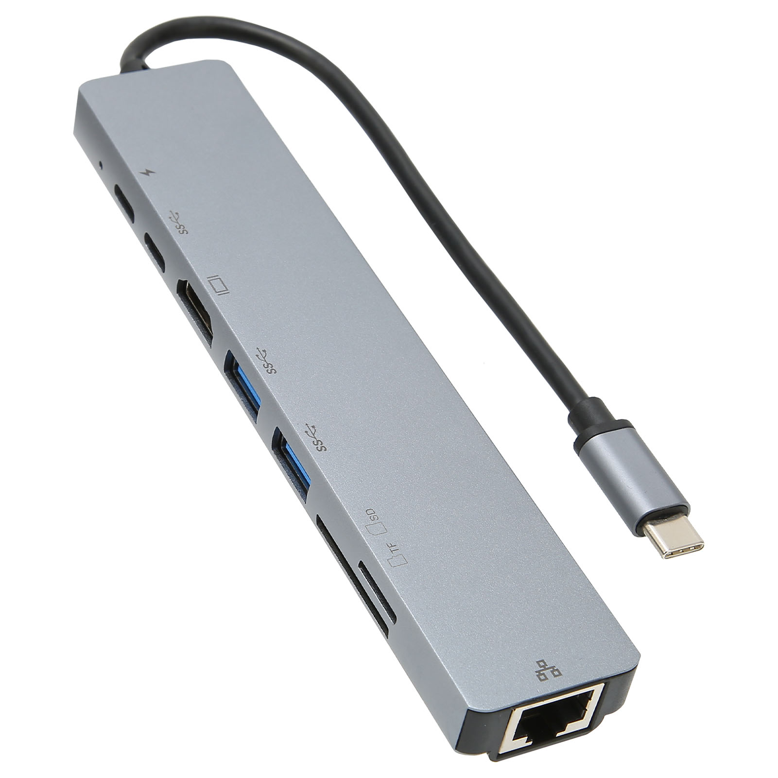 Silberner USB-C-Hub mit mehreren Anschlüssen und einem schwarzen Kabel. Er hat HDMI-, USB-, SD-Kartensteckplätze und einen Ethernet-Anschluss.