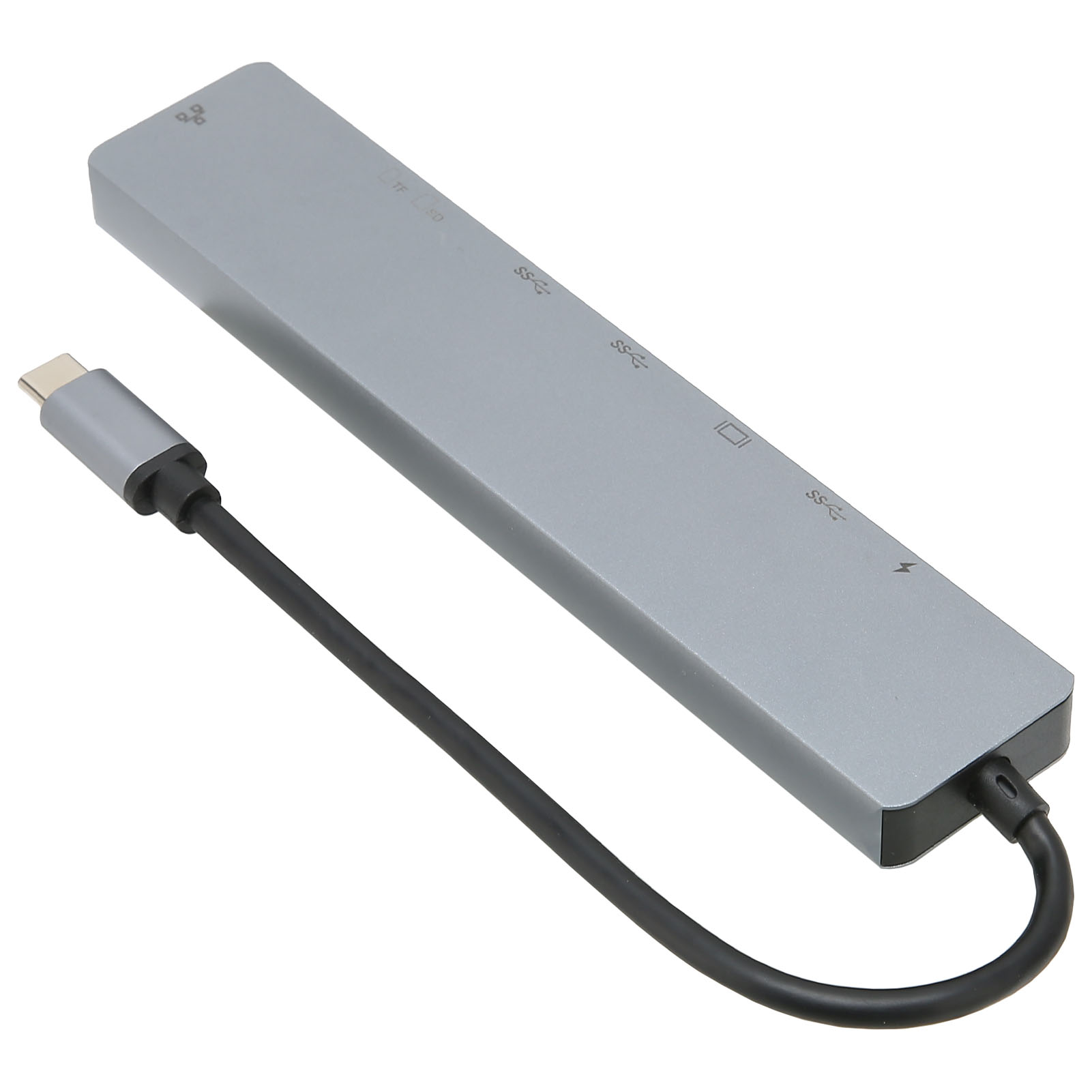 Ein silberner USB-C-Hub mit mehreren Anschlüssen und einem schwarzen Kabel. Er ist rechteckig mit verschiedenen Port-Symbolen.