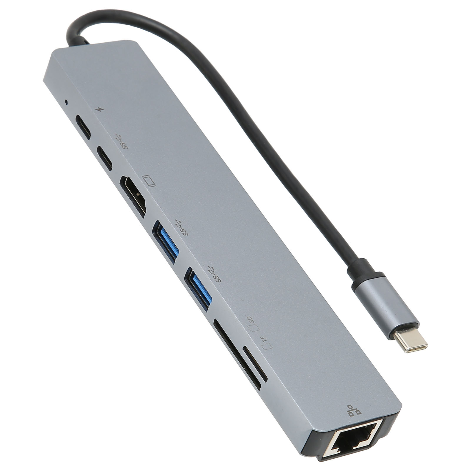 Ein silberner USB-C-Hub mit mehreren Anschlüssen: HDMI, USB, SD-Kartensteckplatz und Ethernet-Anschluss. Er hat ein schwarzes Kabel und einen USB-C-Anschluss.