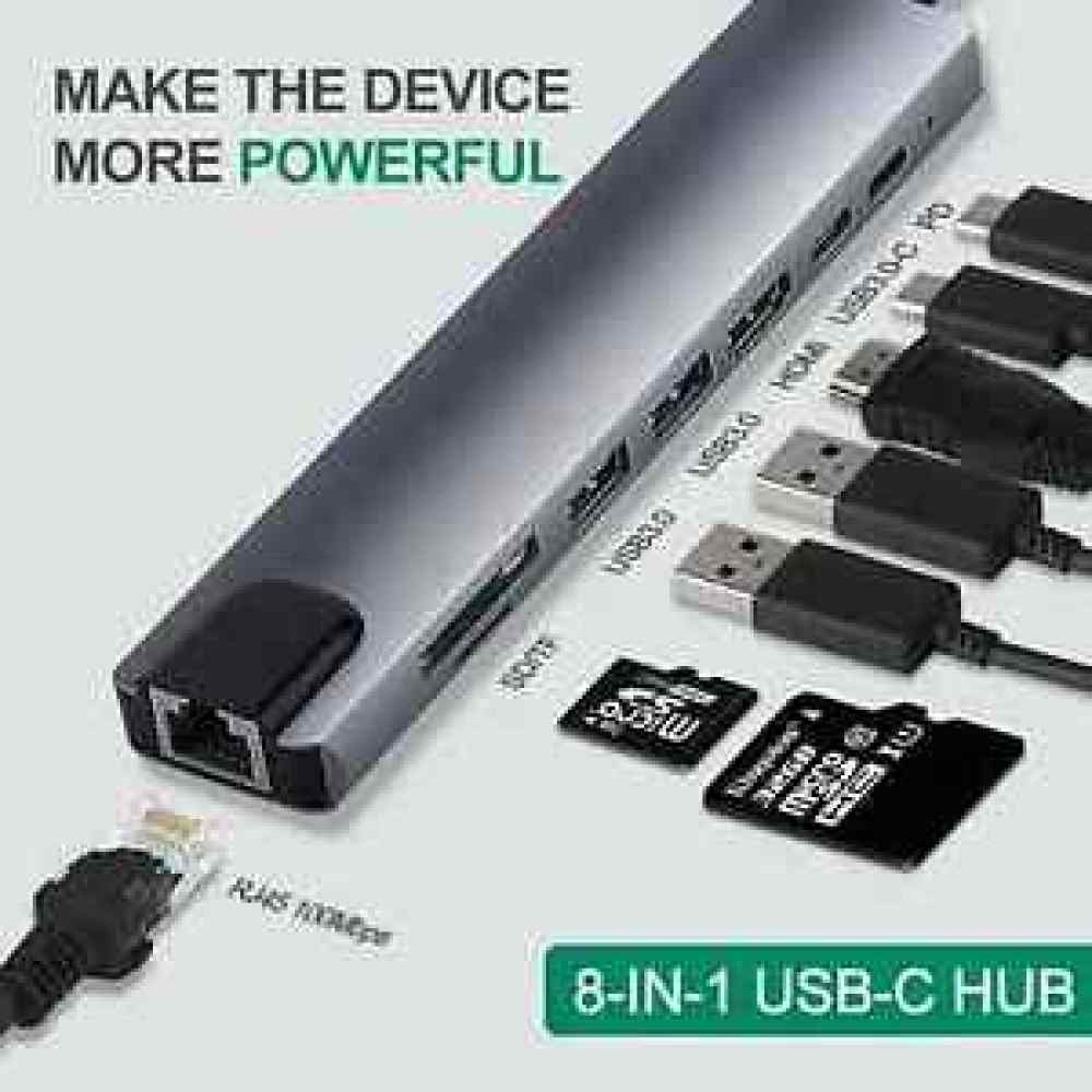 Ein 8-in-1-USB-C-Hub mit angeschlossenen Kabeln, einem Netzwerkkabel und Micro-SD-Karten. Text: Machen Sie das Gerät leistungsfähiger.