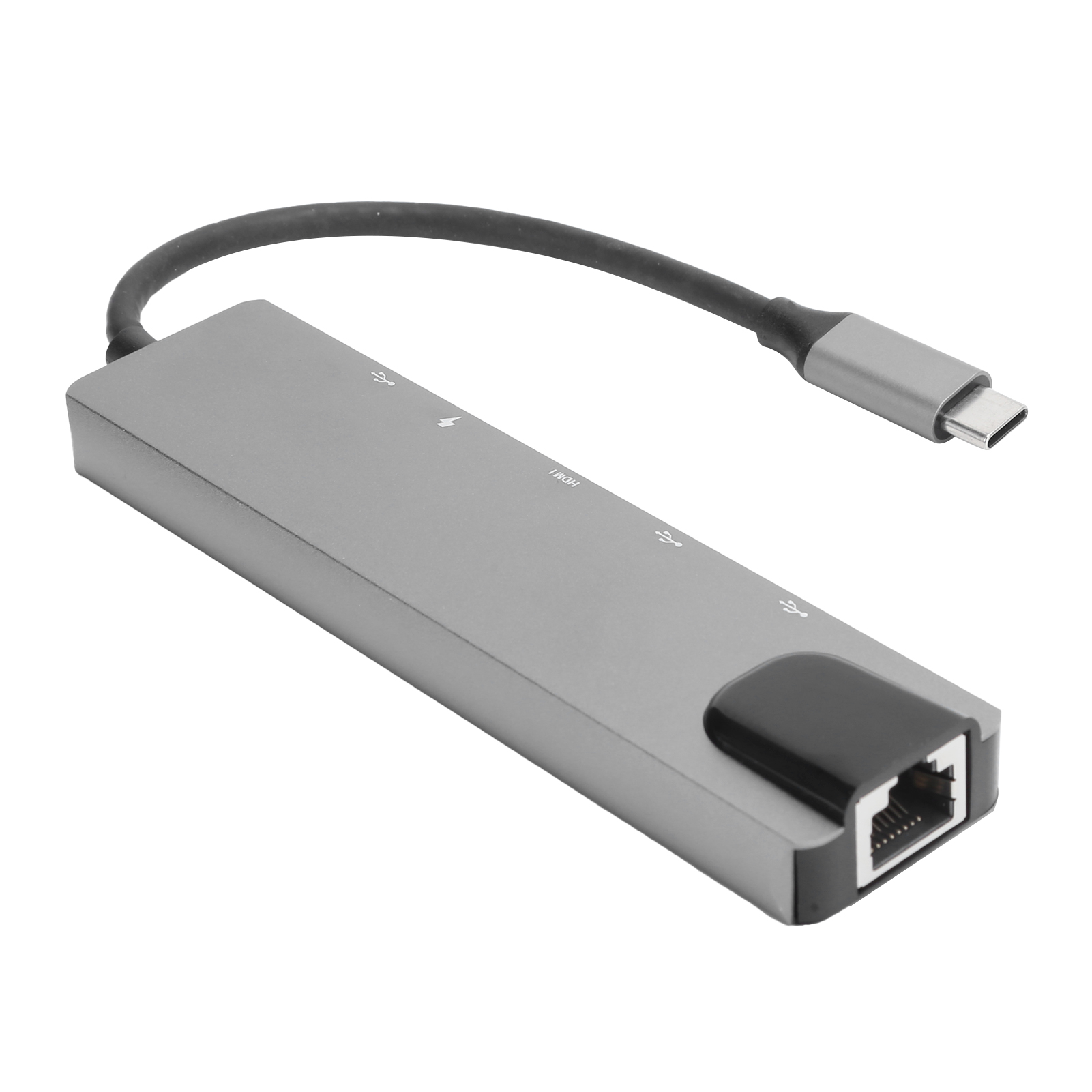 Ein silberner USB-C-Hub mit mehreren Anschlüssen, darunter HDMI, USB und Ethernet. Ein schwarzes Kabel führt zu einem USB-C-Anschluss.