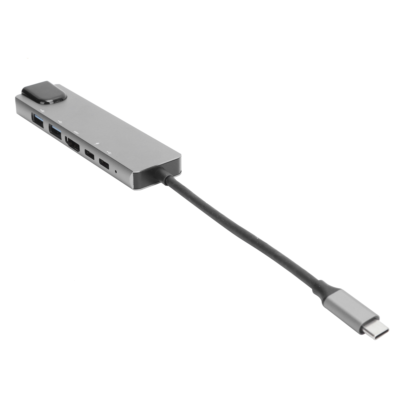 Ein grauer USB-C-Hub mit mehreren Anschlüssen und einem schwarzen Kabel auf weißem Hintergrund.