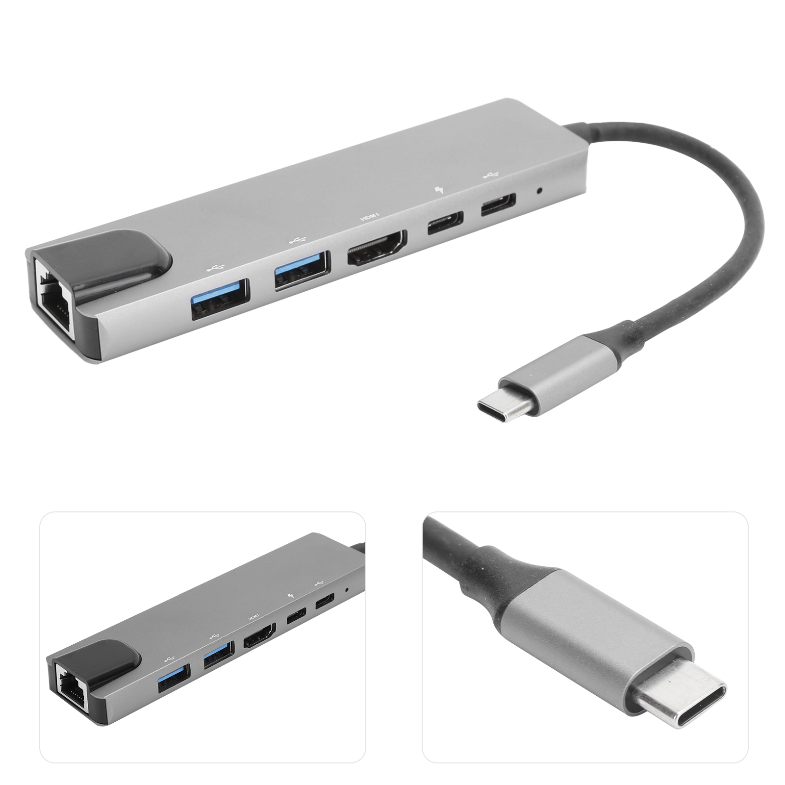 Ein silberner USB-C-Hub mit mehreren Anschlüssen, darunter USB, HDMI und Ethernet. Er hat ein schwarzes Kabel und einen Stecker.