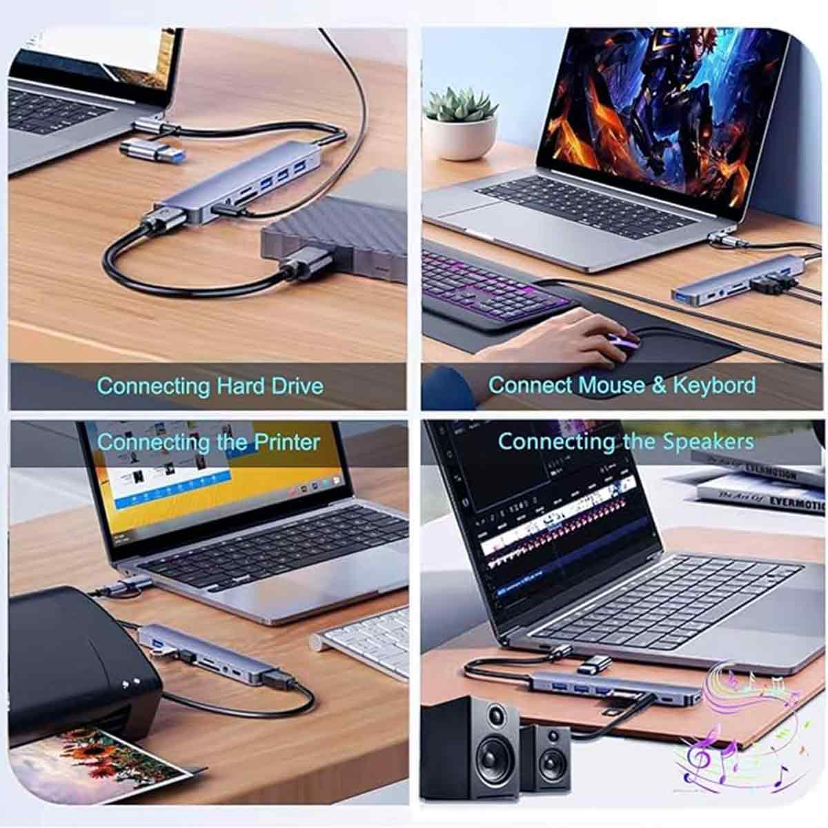 Vier Laptop-Setups zeigen verschiedene Verbindungen: Festplatte, Maus & Tastatur, Drucker und Lautsprecher, mit einem USB-Hub.