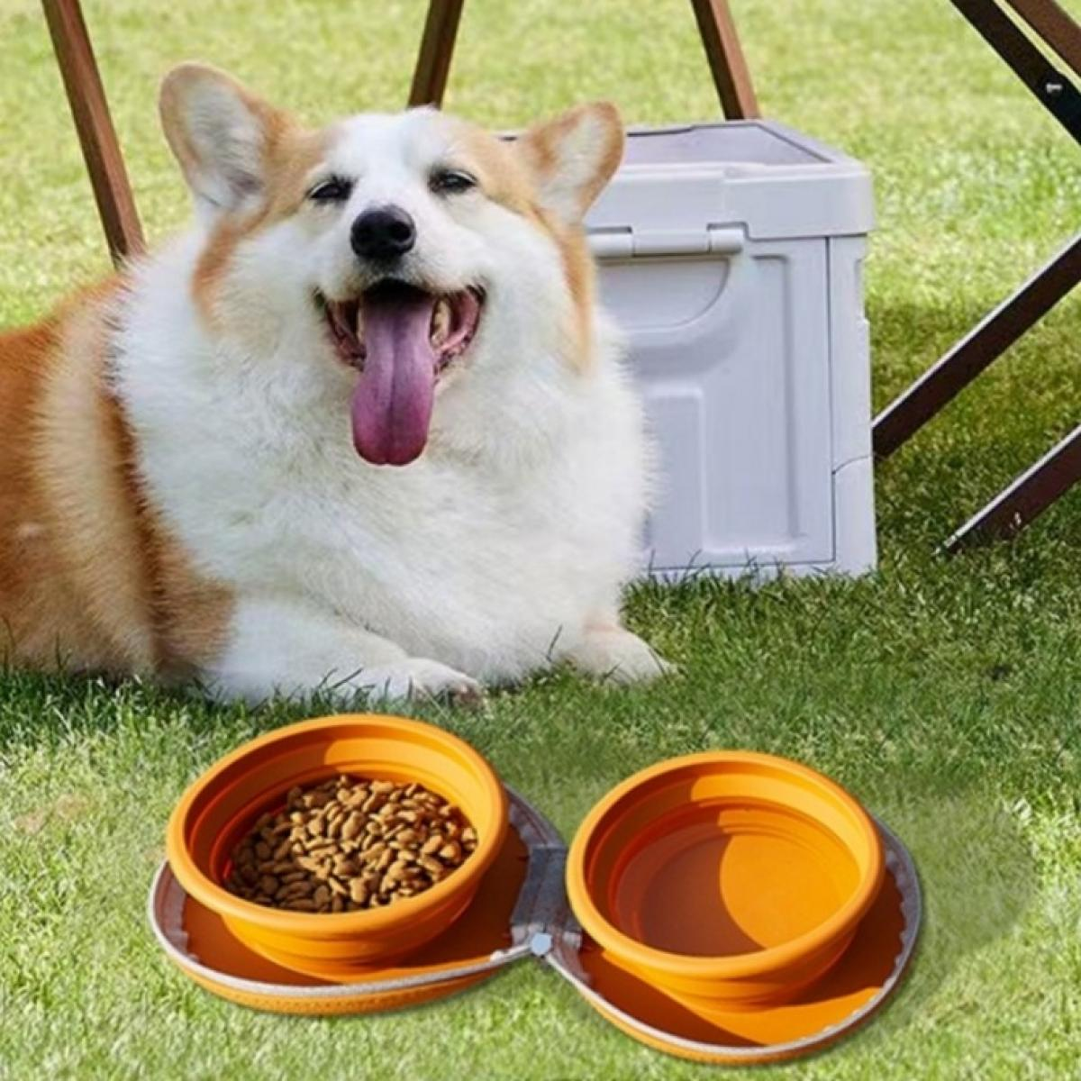 Ein Corgi-Hund mit herausgestreckter Zunge liegt auf Gras. Orangefarbene Hundenäpfe mit Futter sind im Vordergrund. Eine weiße Box ist im Hintergrund.