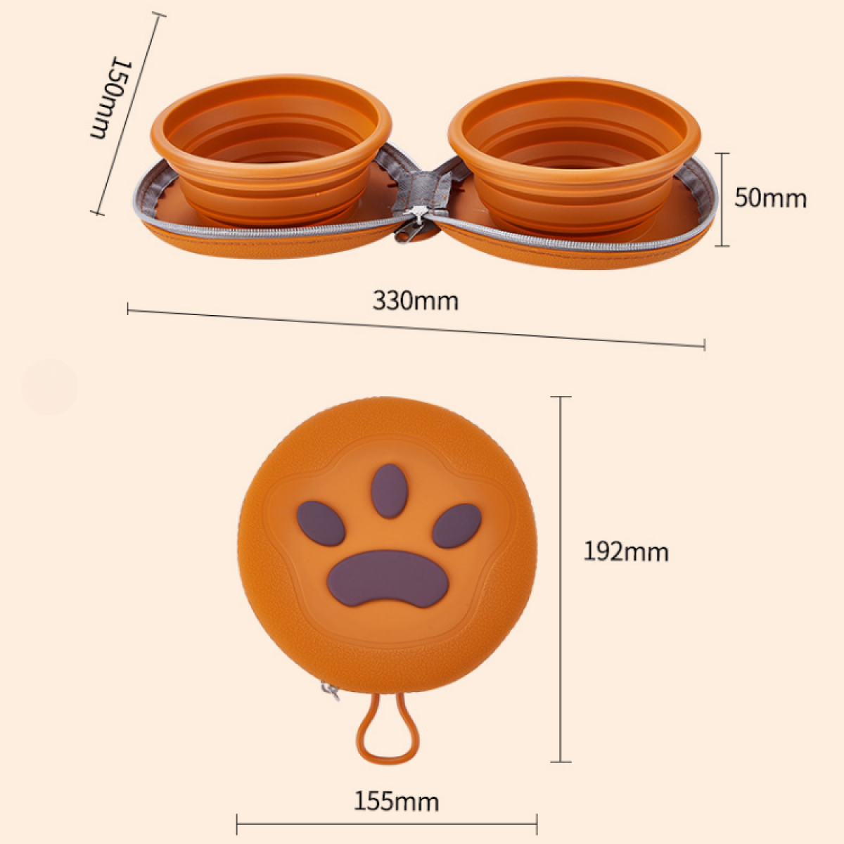 Oranges Reise-Napf-Set für Haustiere. Enthält zwei Schalen, eine Reißverschlusstasche und ein Pfotenabdruck-Design.