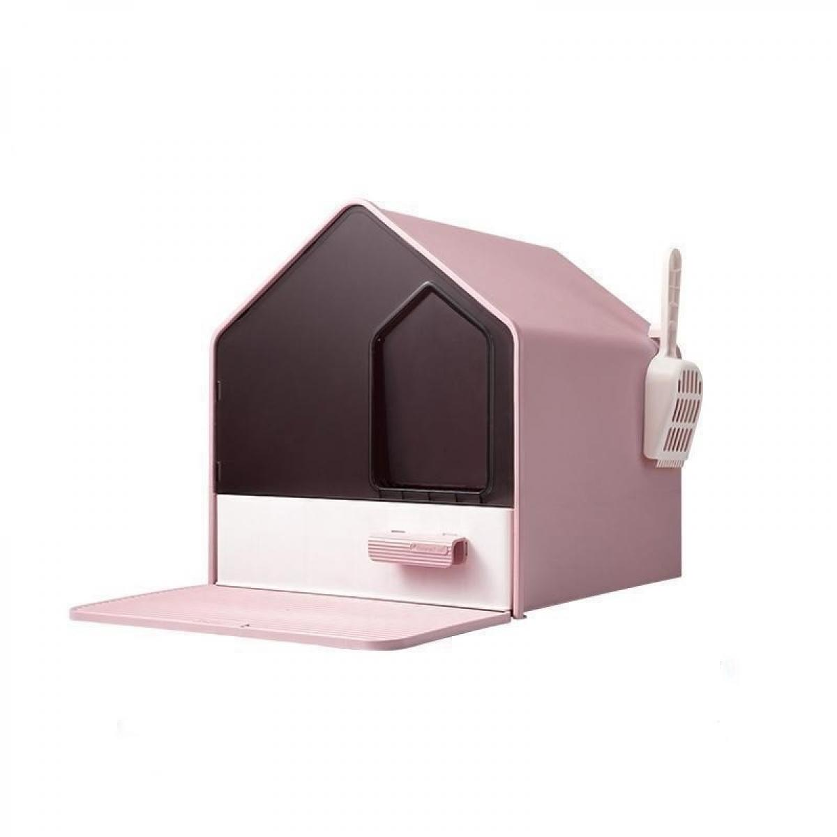 Eine rosa Katzentoilette in Hausform. Sie hat eine Schaufel und eine Ausziehschublade. Der Eingang ist dunkel.