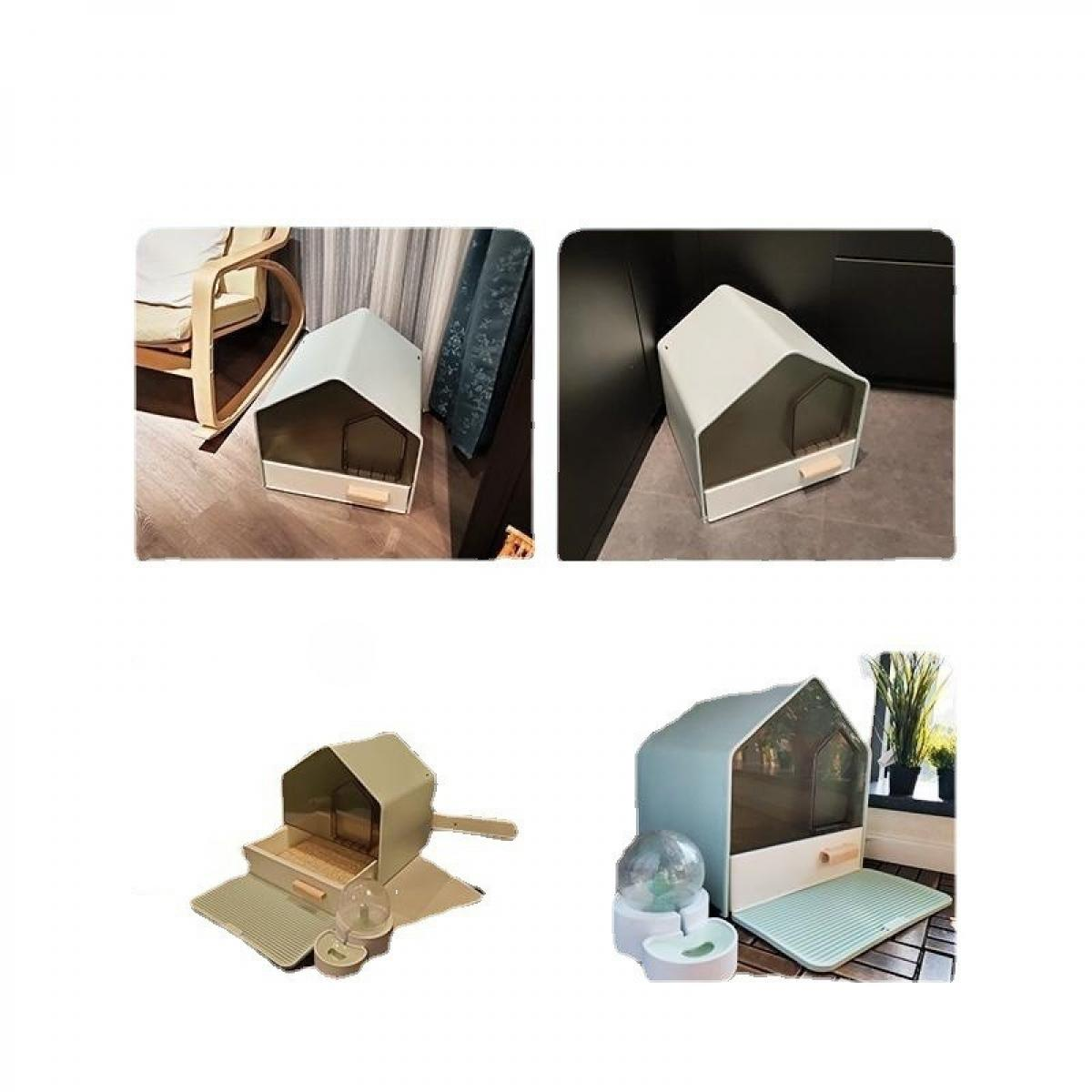 Vier Bilder einer hausförmigen Katzentoilette. Die Box ist weiß und grün, mit einer Schublade. Zubehör und verschiedene Einstellungen werden gezeigt.