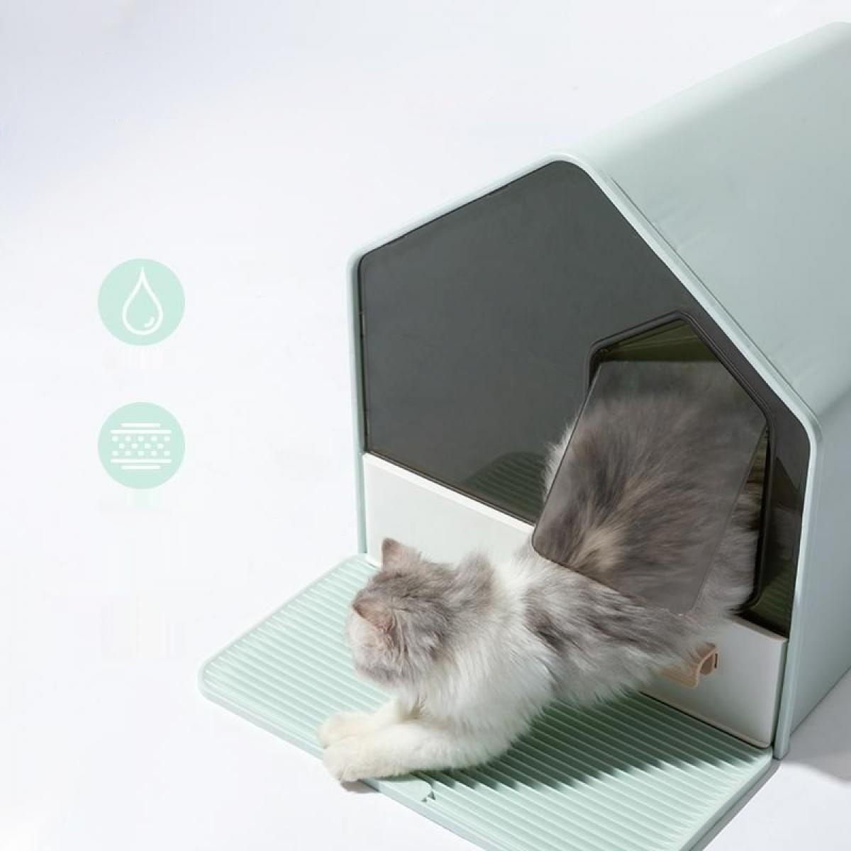 Eine flauschige Katze verlässt ein mintfarbenes Katzenhaus. Der Schwanz der Katze ist draußen. Links sind Icons eines Wassertropfens und einer Filterung.