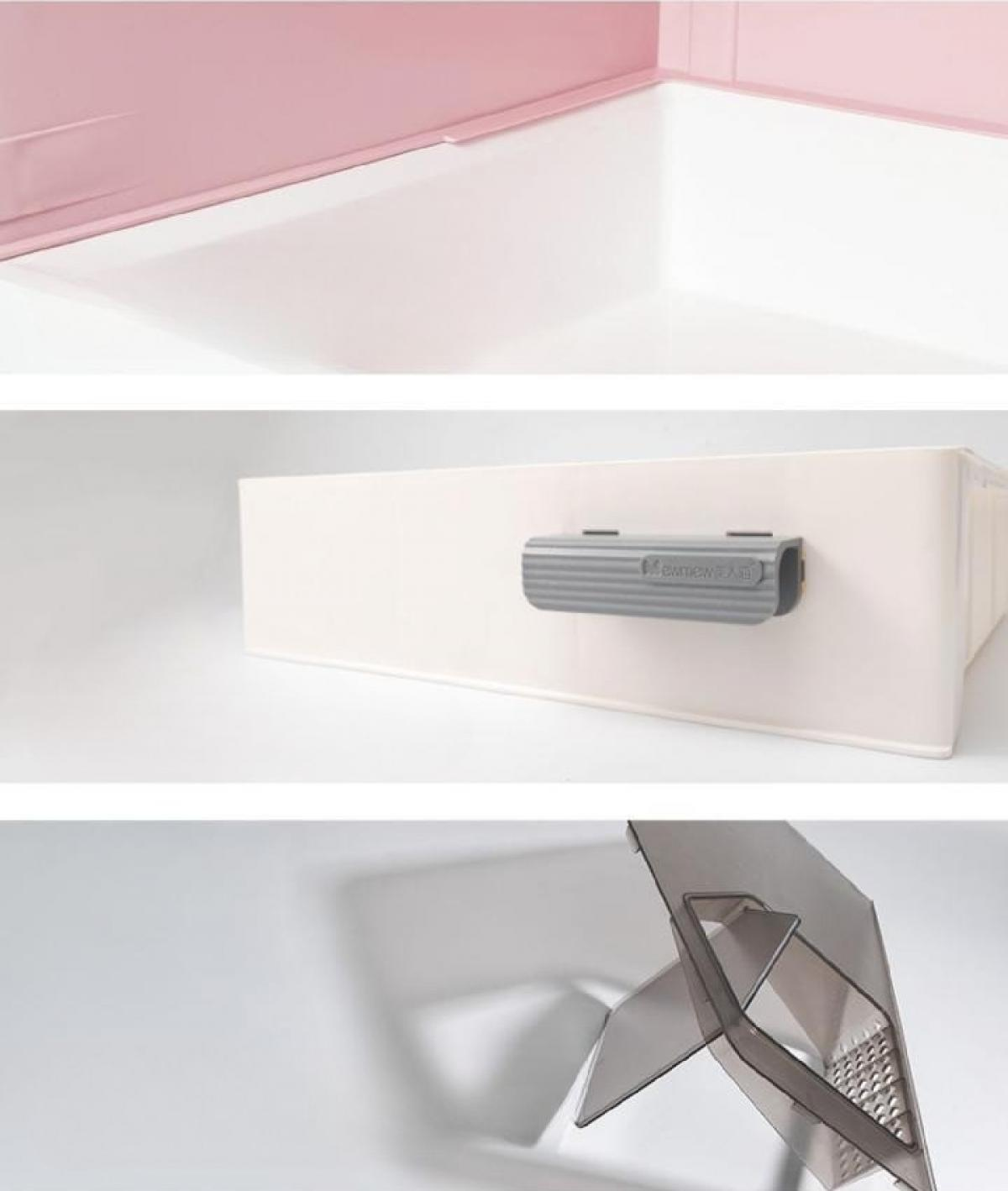 Drei Bilder: rosa Containerecke, weißer Container mit grauem Griff und ein grauer Plastikgegenstand.