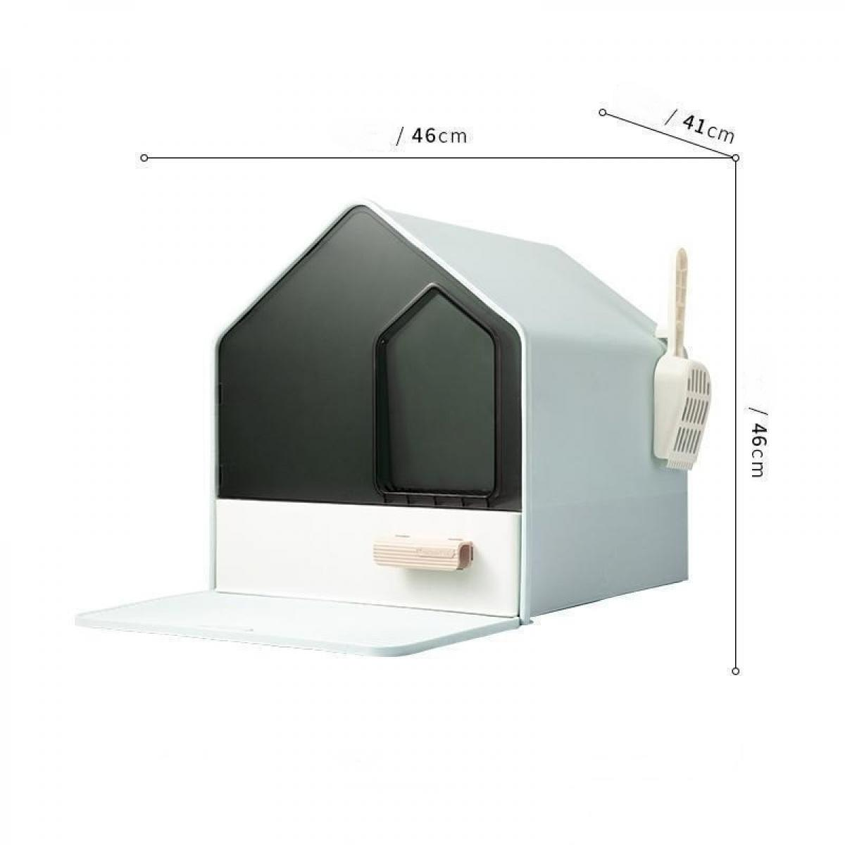 Hellblaue Katzentoilette in Hausform. Mit angebrachter Schaufel und Maßangaben in cm.