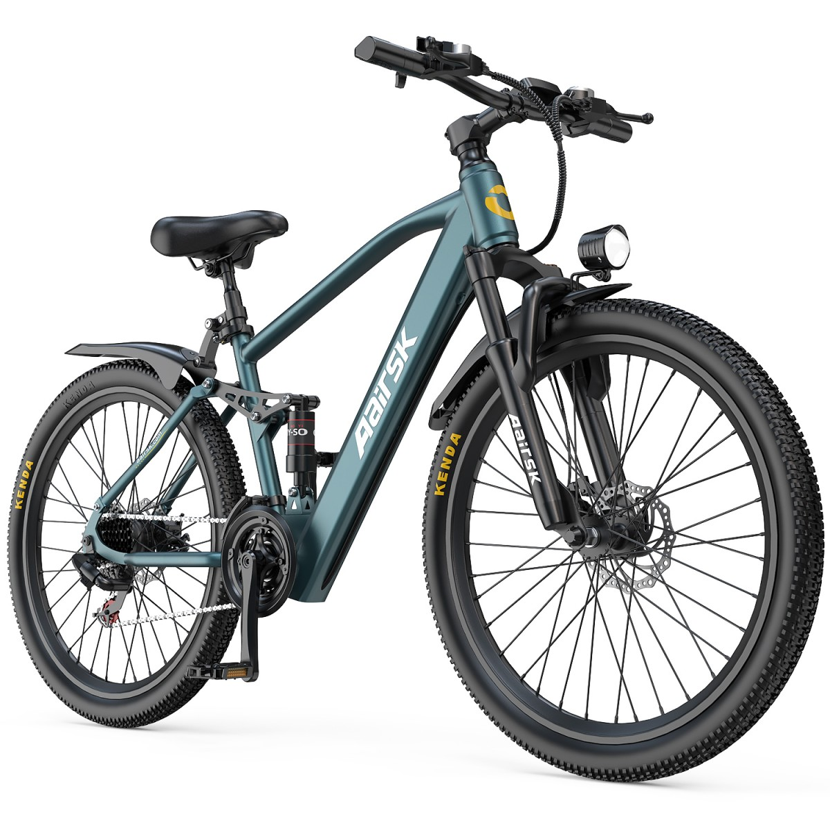 Ein Elektrofahrrad mit teal-farbenem Rahmen. Es hat schwarze Reifen und Sitz. Der Markenname Aairsk ist sichtbar. Der Hintergrund ist weiß.