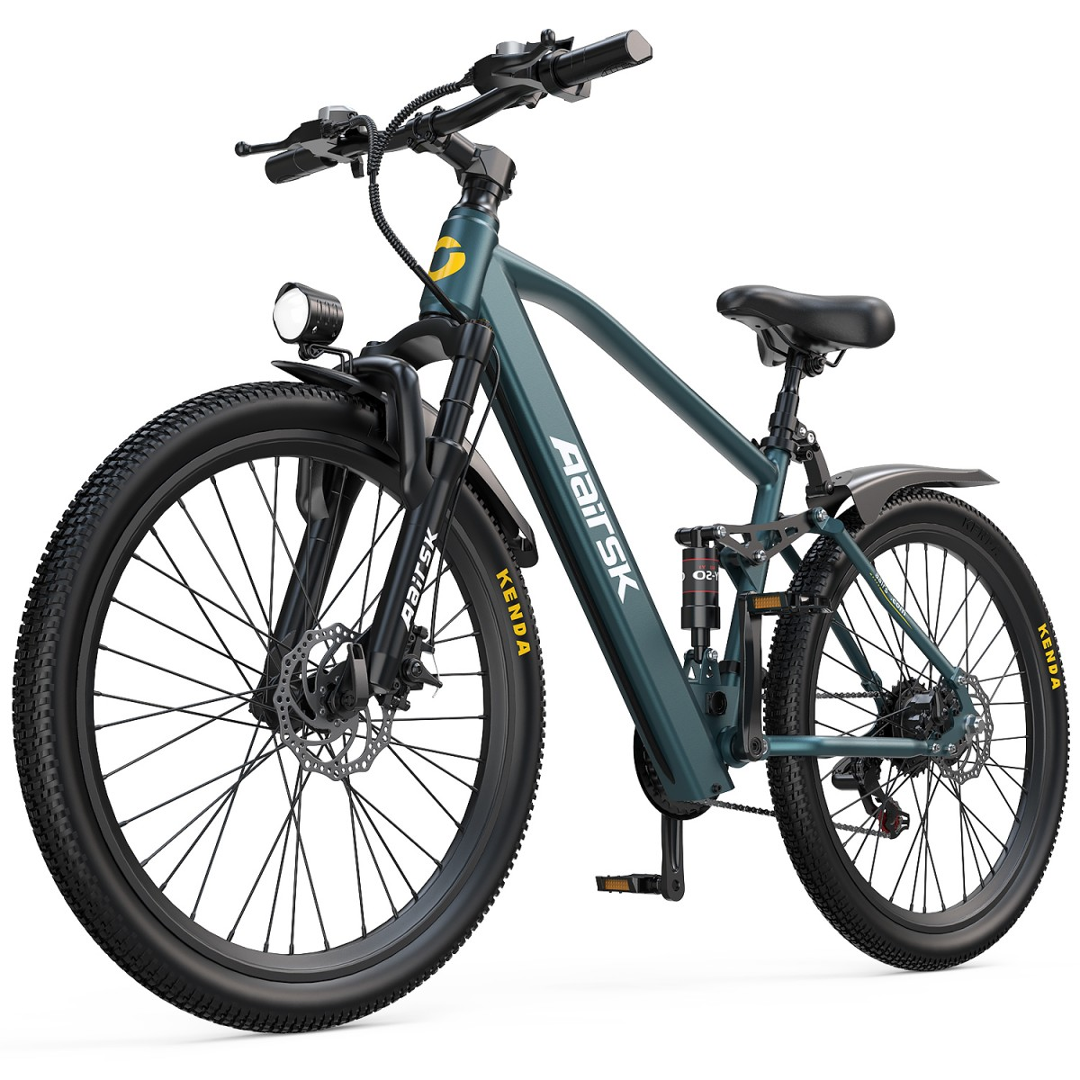 Ein Elektrofahrrad mit tealfarbenem Rahmen, schwarzen Reifen und gelben Akzenten. Das Fahrrad steht vor weißem Hintergrund.