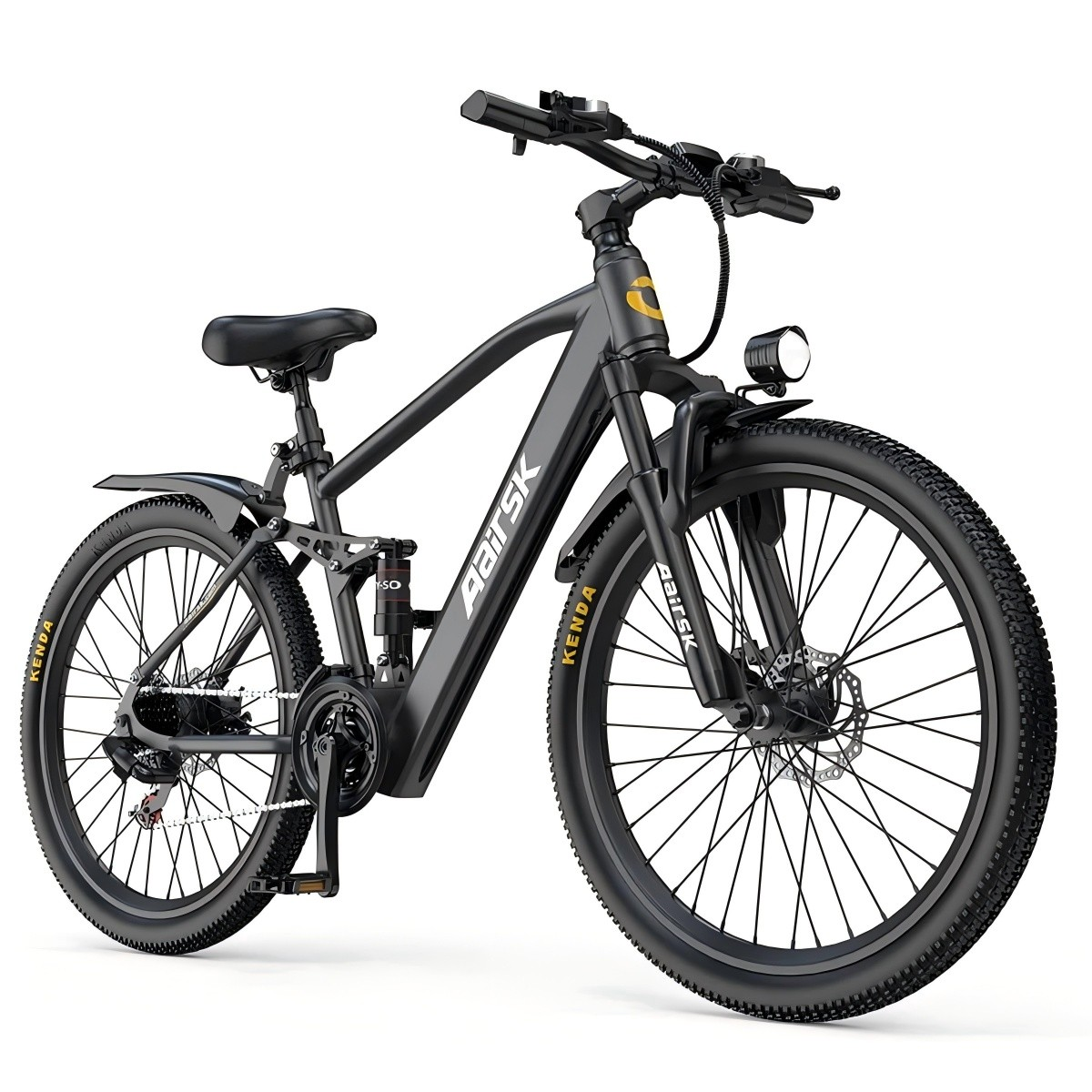 Schwarzes Elektrofahrrad mit großen Reifen, Scheinwerfer und dem Markennamen 'AairsK'. Der Hintergrund ist weiß.