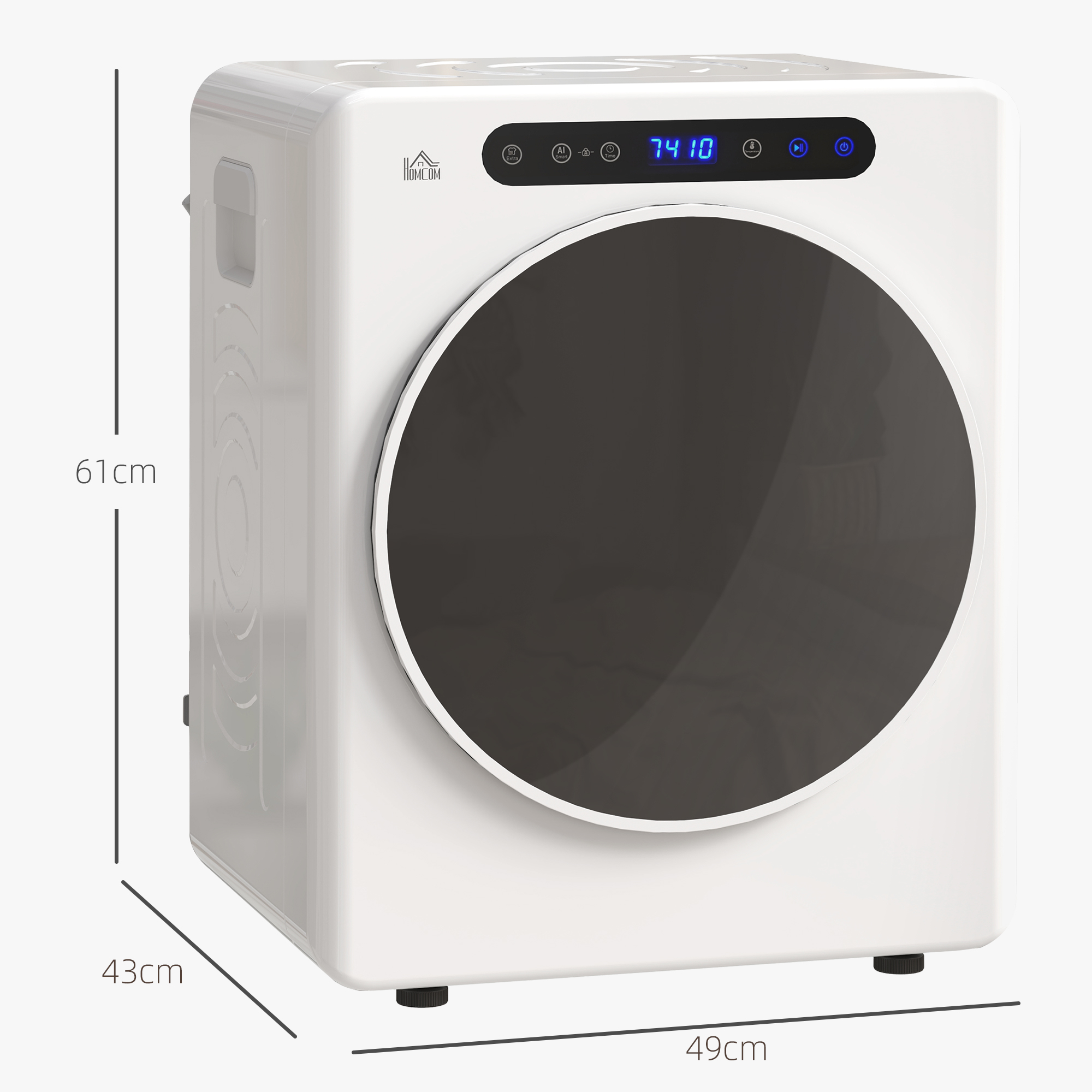 Secadora blanca con puerta negra, pantalla digital y dimensiones etiquetadas. La secadora tiene un panel de control y el logotipo de la marca.