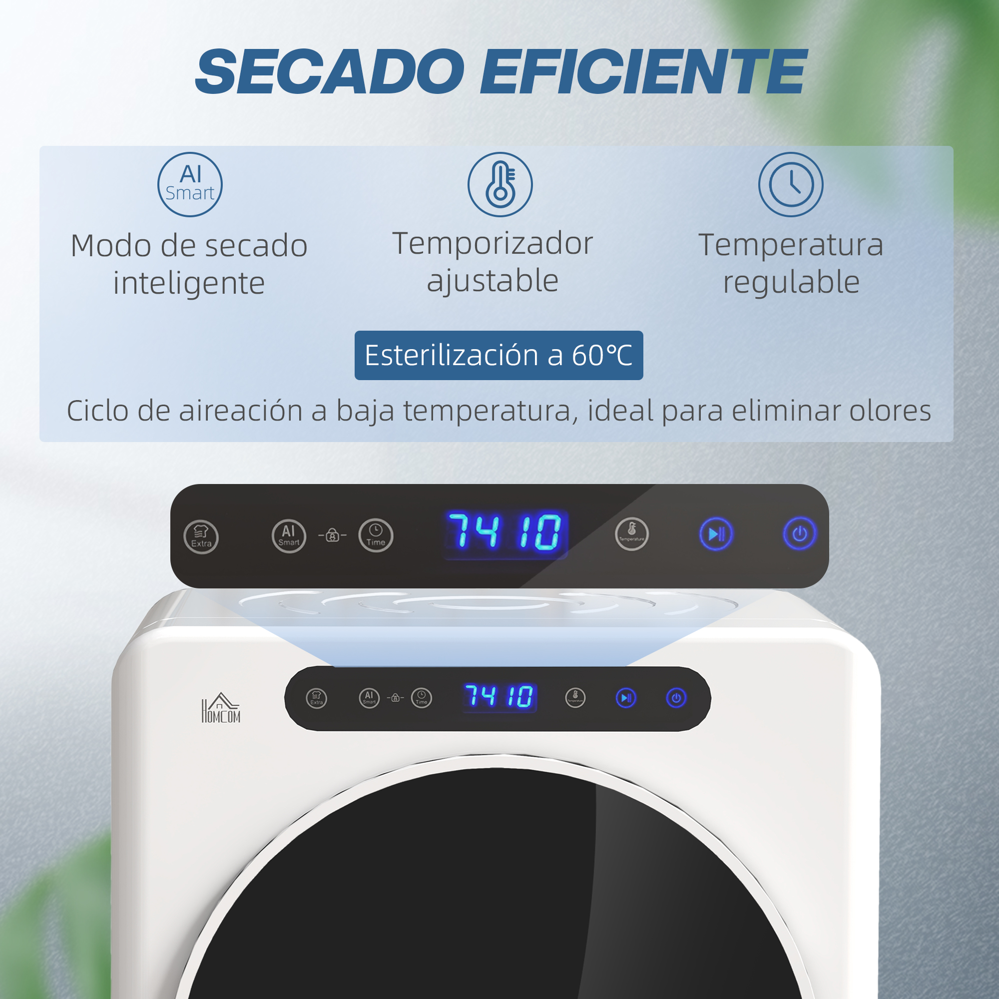 Electrodoméstico blanco con pantalla digital 7410, con iconos y texto: AI Smart, Temporizador ajustable y control de temperatura.