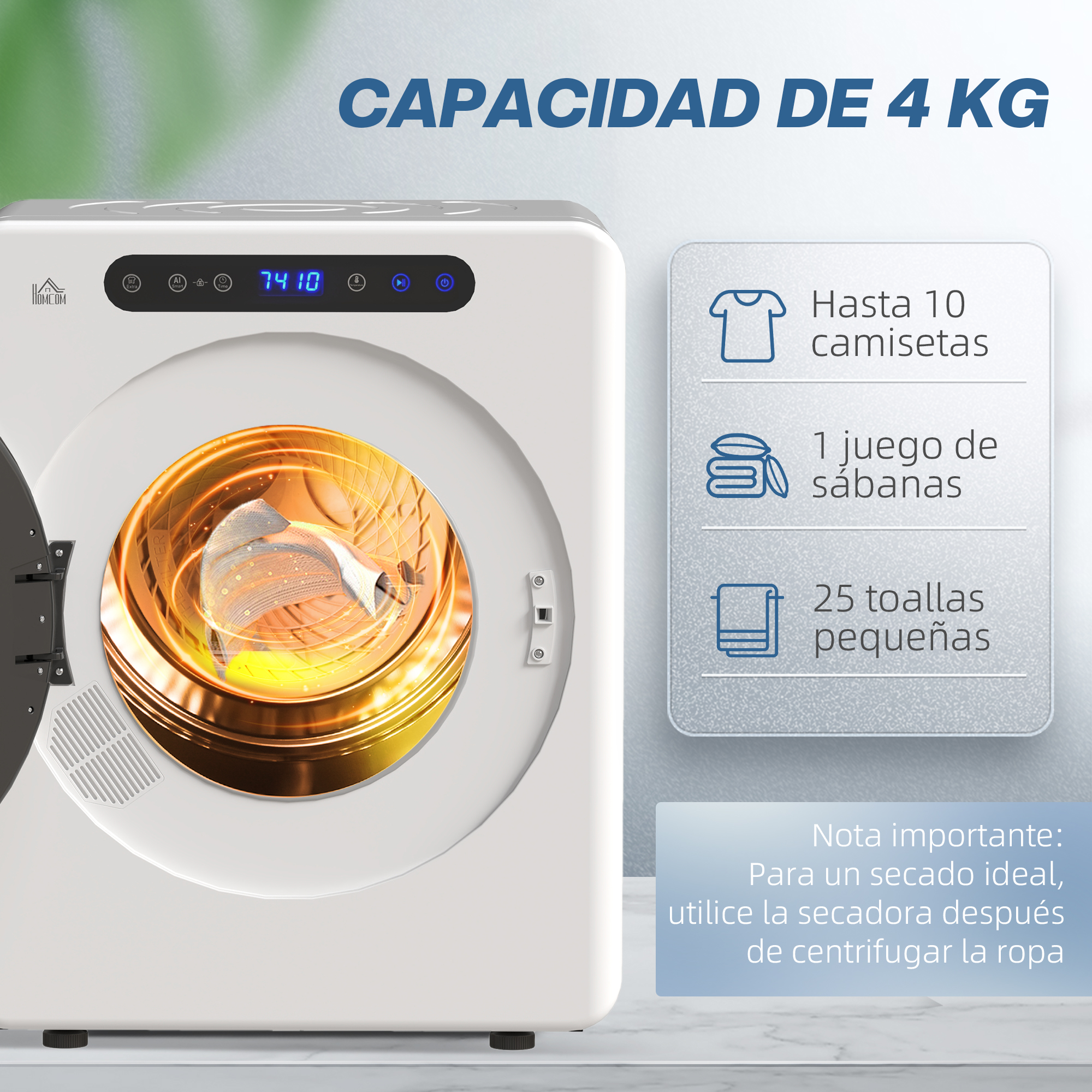Secadora blanca con puerta abierta. Pantalla digital con números. Texto: capacidad de 4 kg.