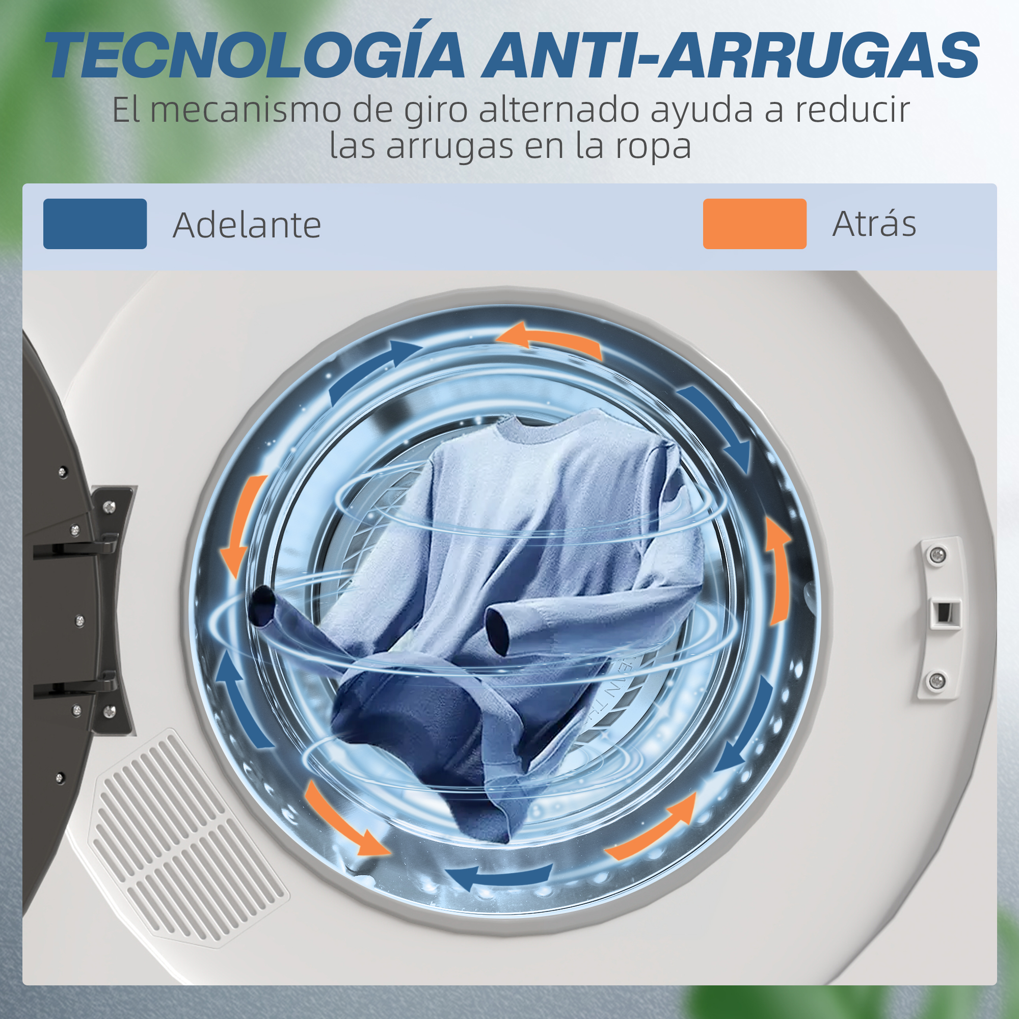 Lavadora con ropa dentro, flechas indican rotación, y texto: tecnología antiarrugas.