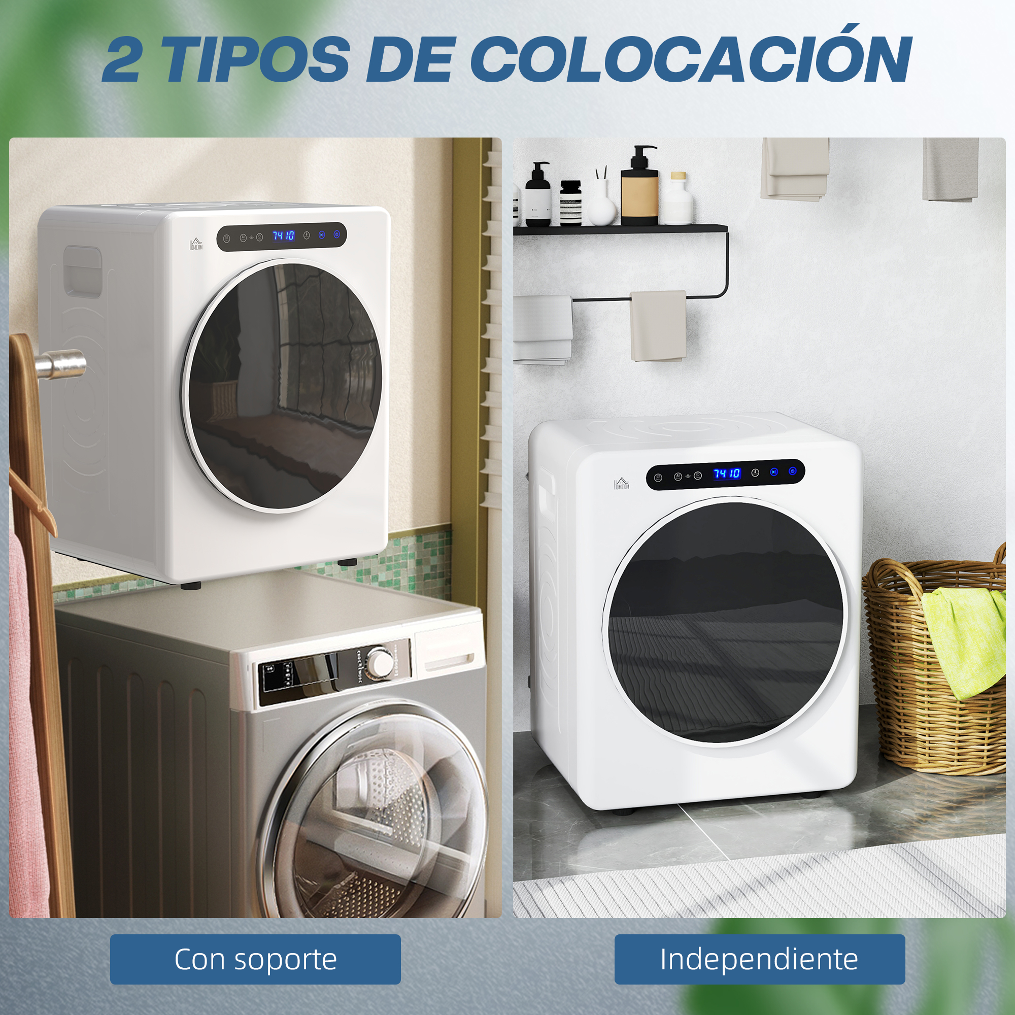 Dos secadoras blancas, una encima de una lavadora, otra independiente. El fondo muestra detalles del baño y texto en español.