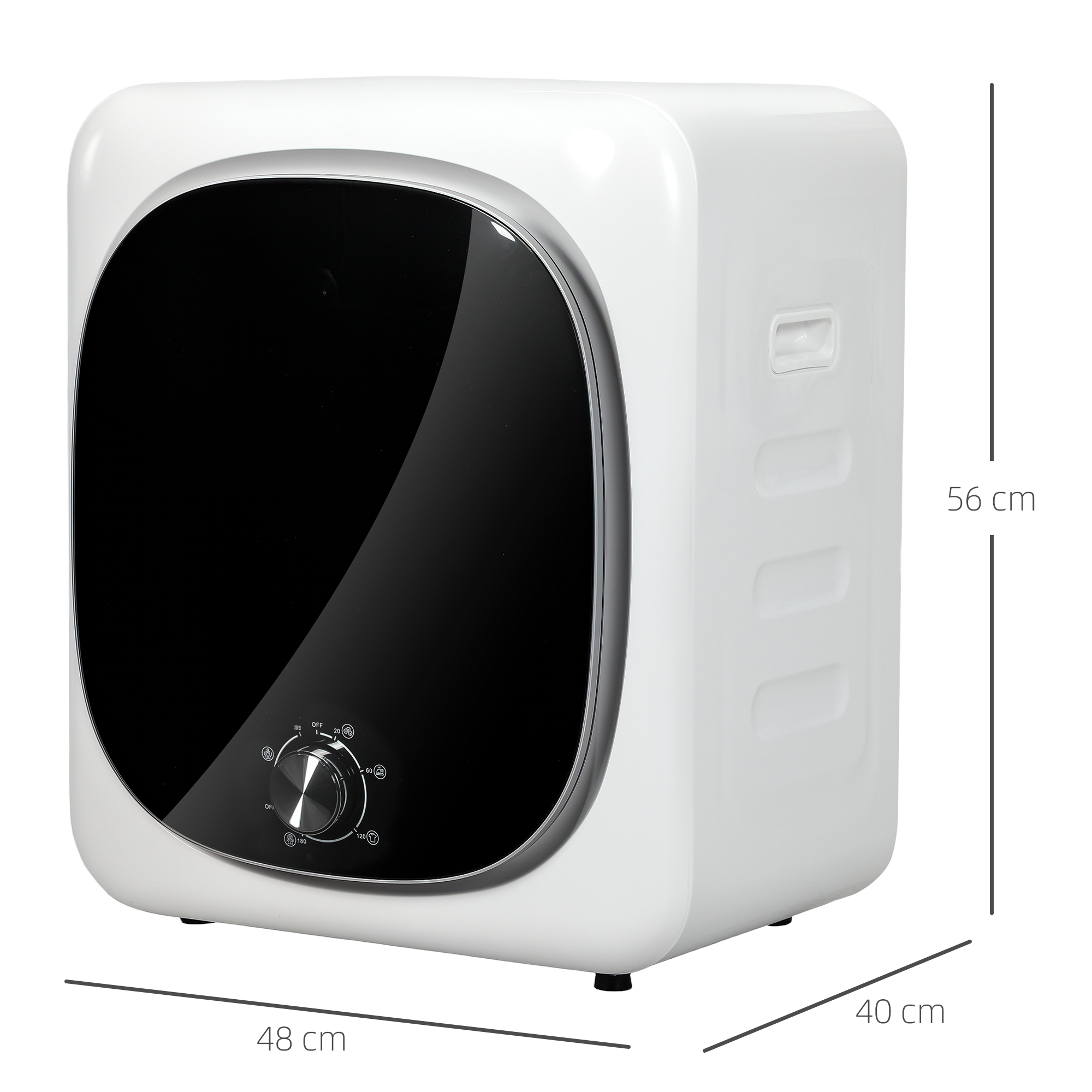 Calentador de agua eléctrico blanco con panel frontal negro, borde plateado y dial de control. Se muestran las dimensiones.