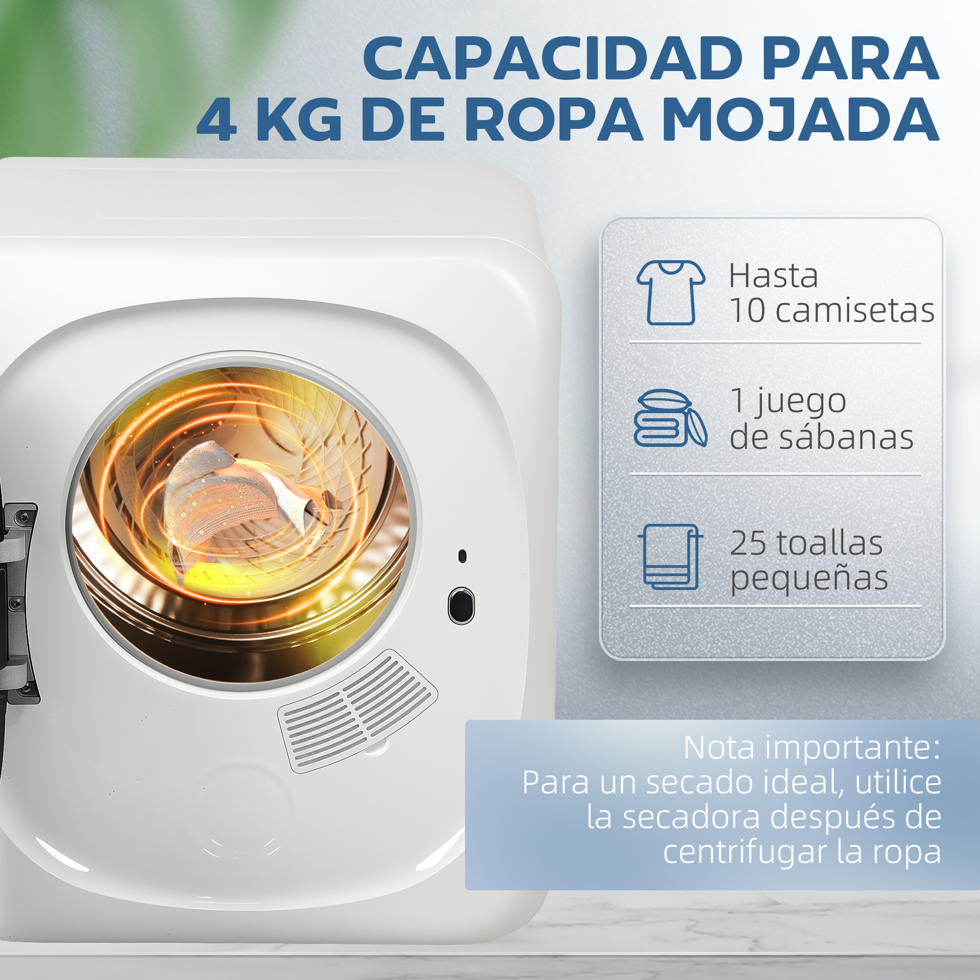 Una secadora blanca con información de capacidad e iconos de cantidad de ropa. Incluye texto en español y una nota sobre el secado ideal.