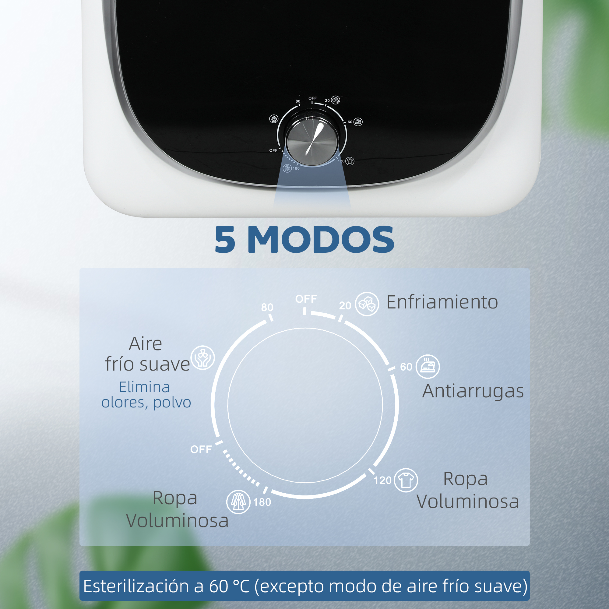 Panel de control de un electrodoméstico blanco con 5 modos: Aire, Enfriamiento, Anti-arrugas y dos para tipos de ropa, con ajuste de temperatura.