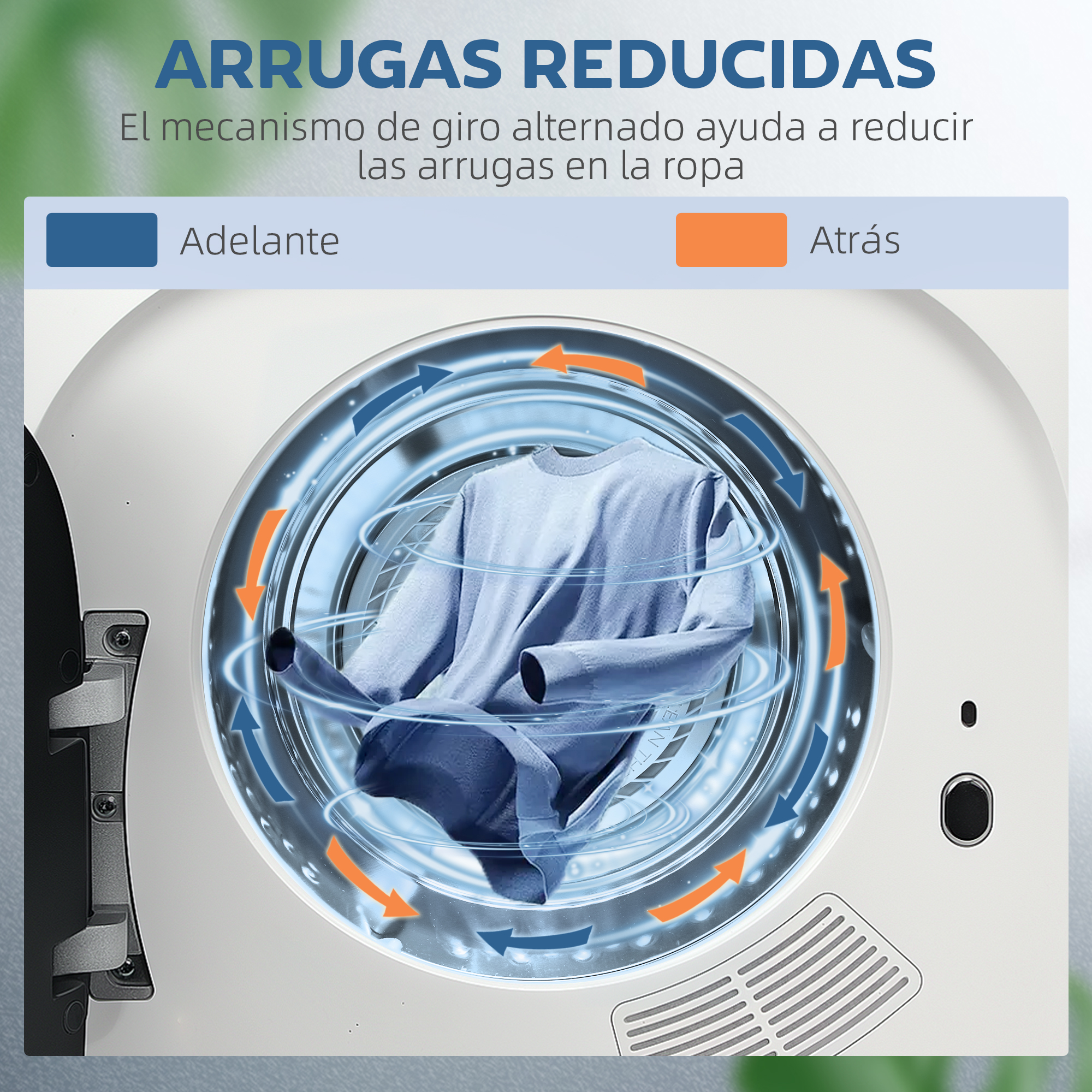 Lavadora con un suéter azul dentro, mostrando flechas de giro alternativo. Texto indica arrugas reducidas.