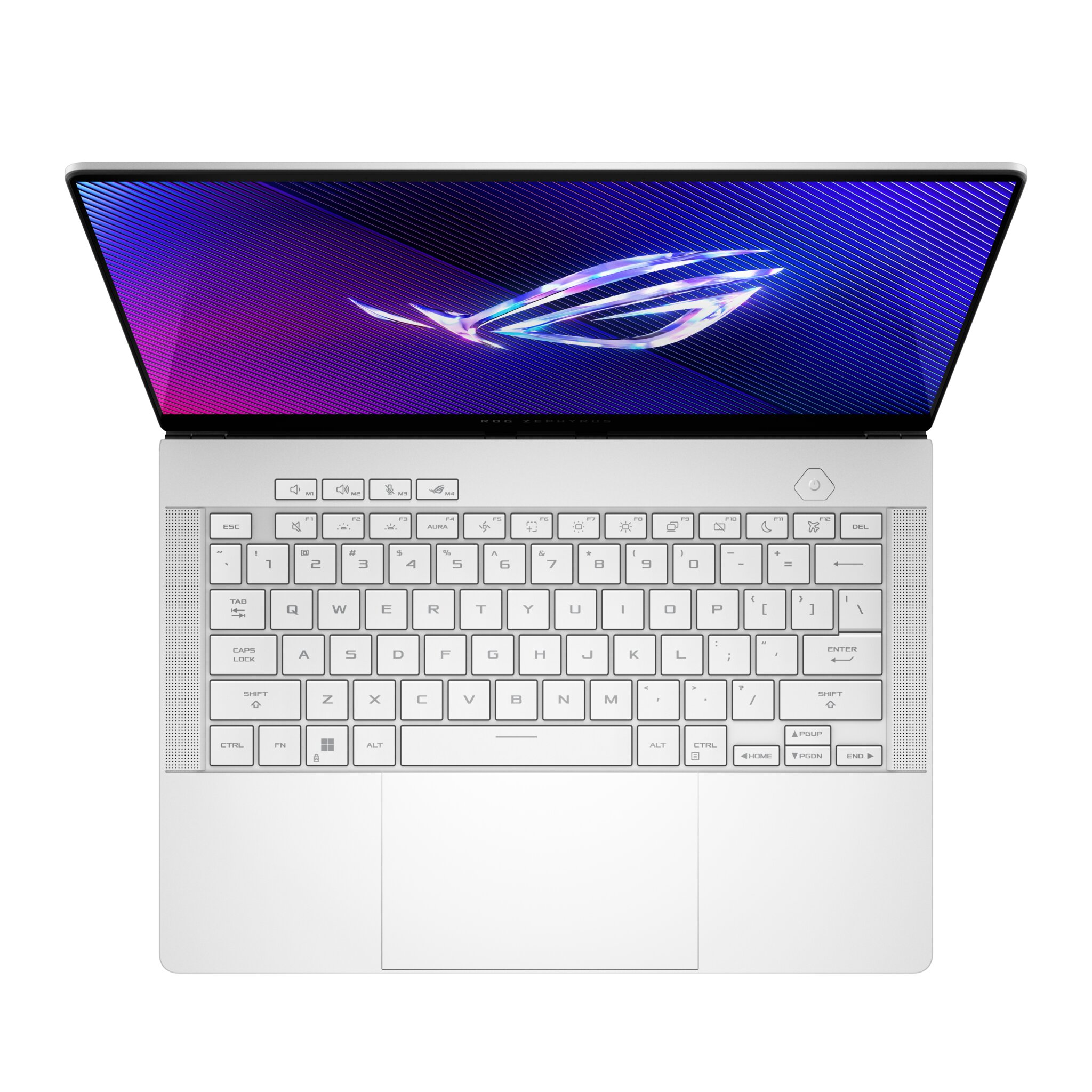 Un laptop bianco è aperto, che mostra una tastiera e uno schermo con un logo. Lo schermo ha colori blu e viola.