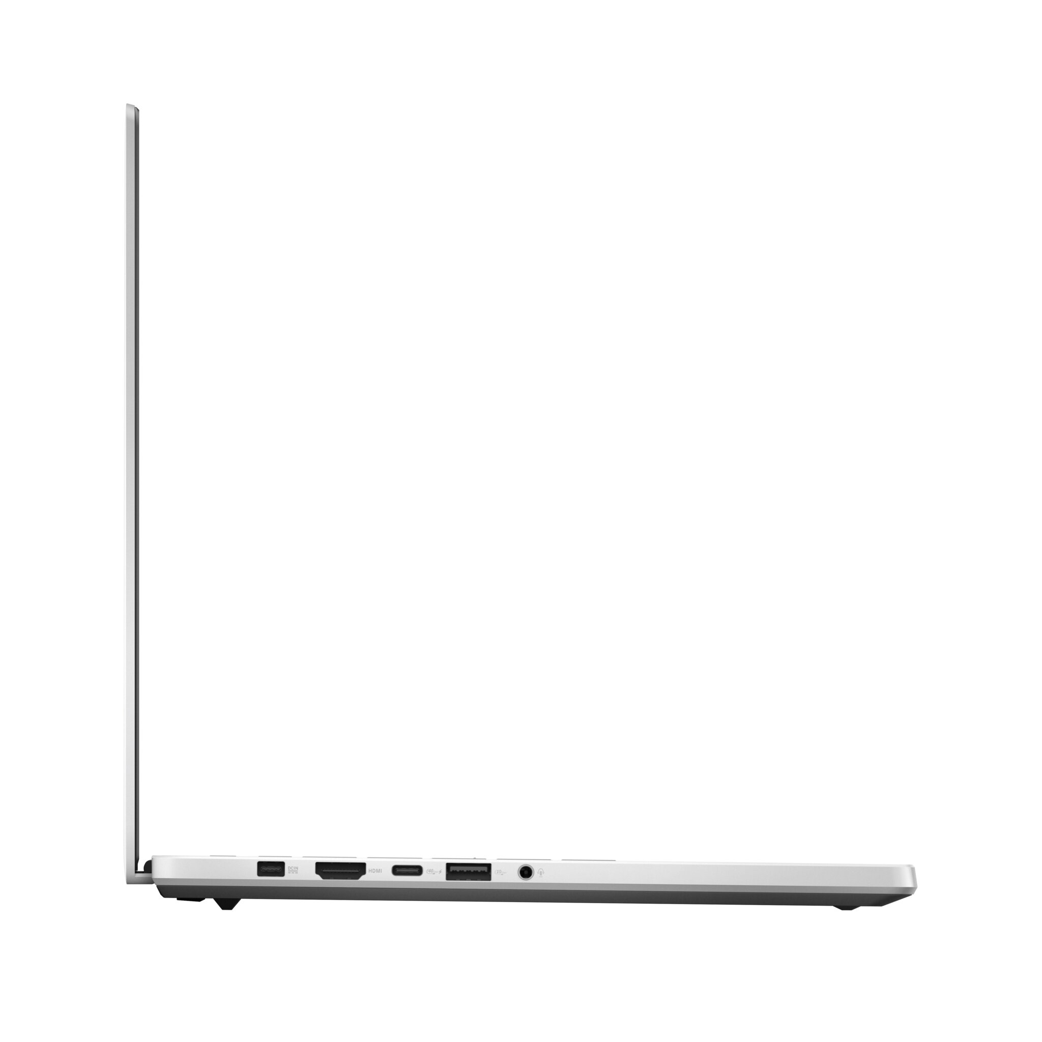 Vista laterale di un laptop argentato. È aperto, mostra il bordo dello schermo e il lato con le porte.