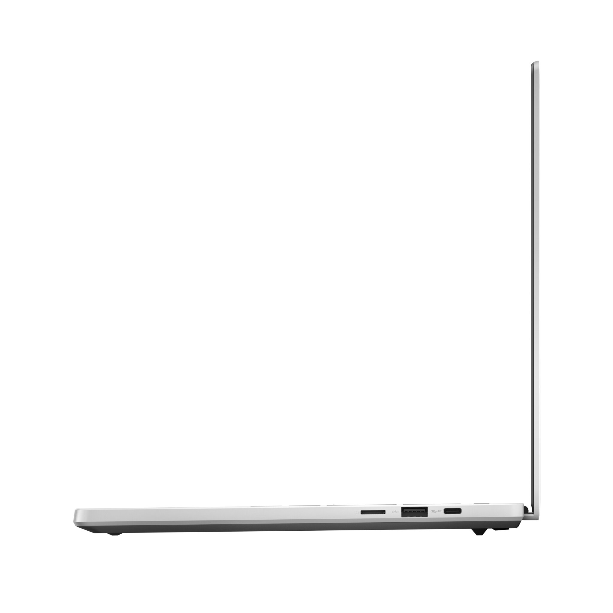 Vista laterale di un laptop argentato. Lo schermo è aperto. Le porte sono visibili sul lato. Sfondo bianco.