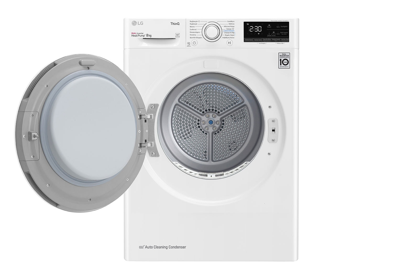 Sèche-linge LG blanc avec porte ouverte. Tambour intérieur visible. Panneau affiche 2:30. Étiquette "Dual Inverter Heat Pump" en haut à gauche.