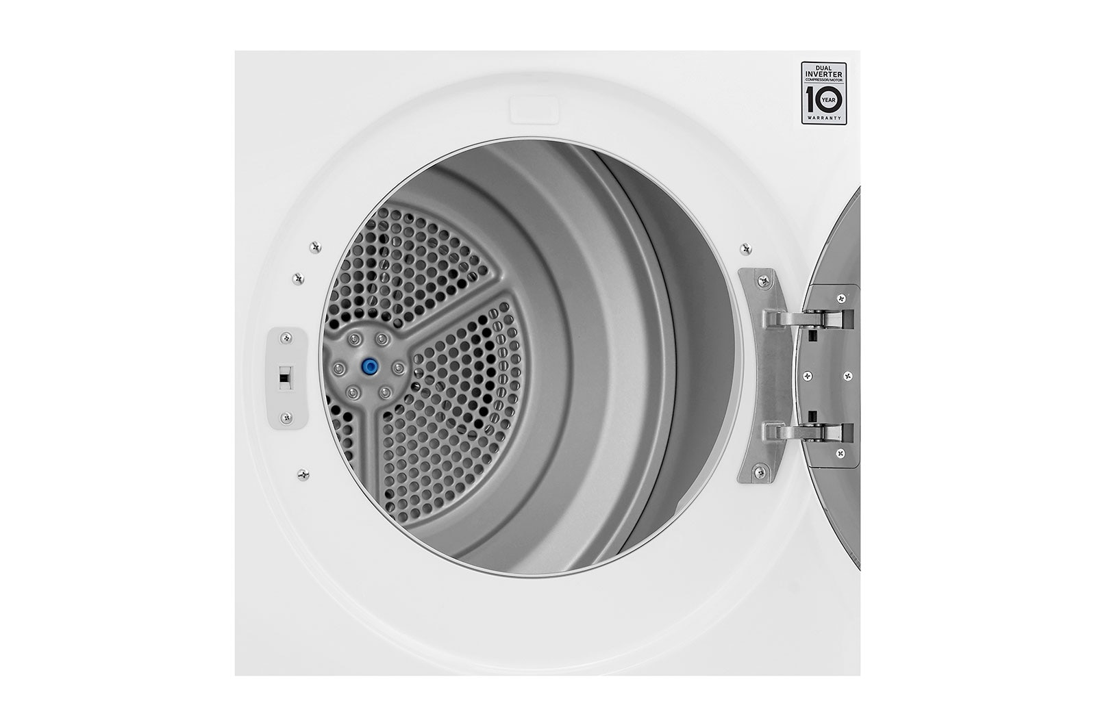 La porte blanche ouverte du sèche-linge montre le tambour intérieur, un filtre métallique perforé et un autocollant de garantie de 10 ans. Les charnières sont visibles.