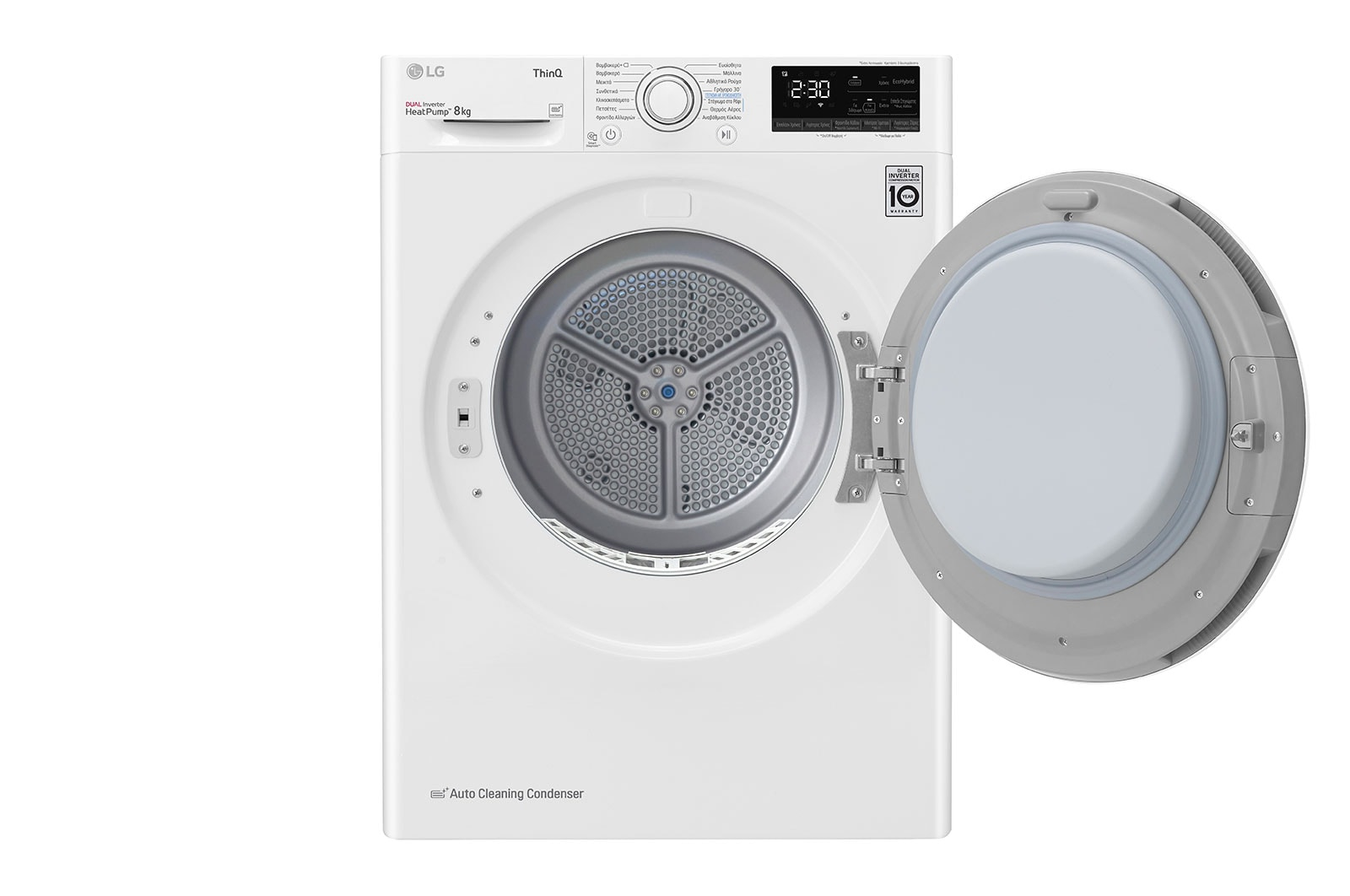 Sèche-linge LG Heat Pump blanc avec porte ouverte. L'écran numérique affiche 2:30. La porte est ouverte, révélant le tambour. Le logo de la marque est visible.