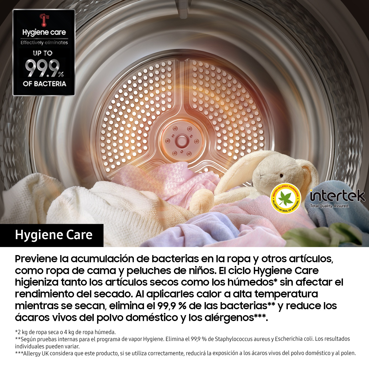 Wnętrze suszarki z ubraniami i pluszowym króliczkiem. Tekst brzmi 'Hygiene Care' i '99,9% bakterii wyeliminowanych'.