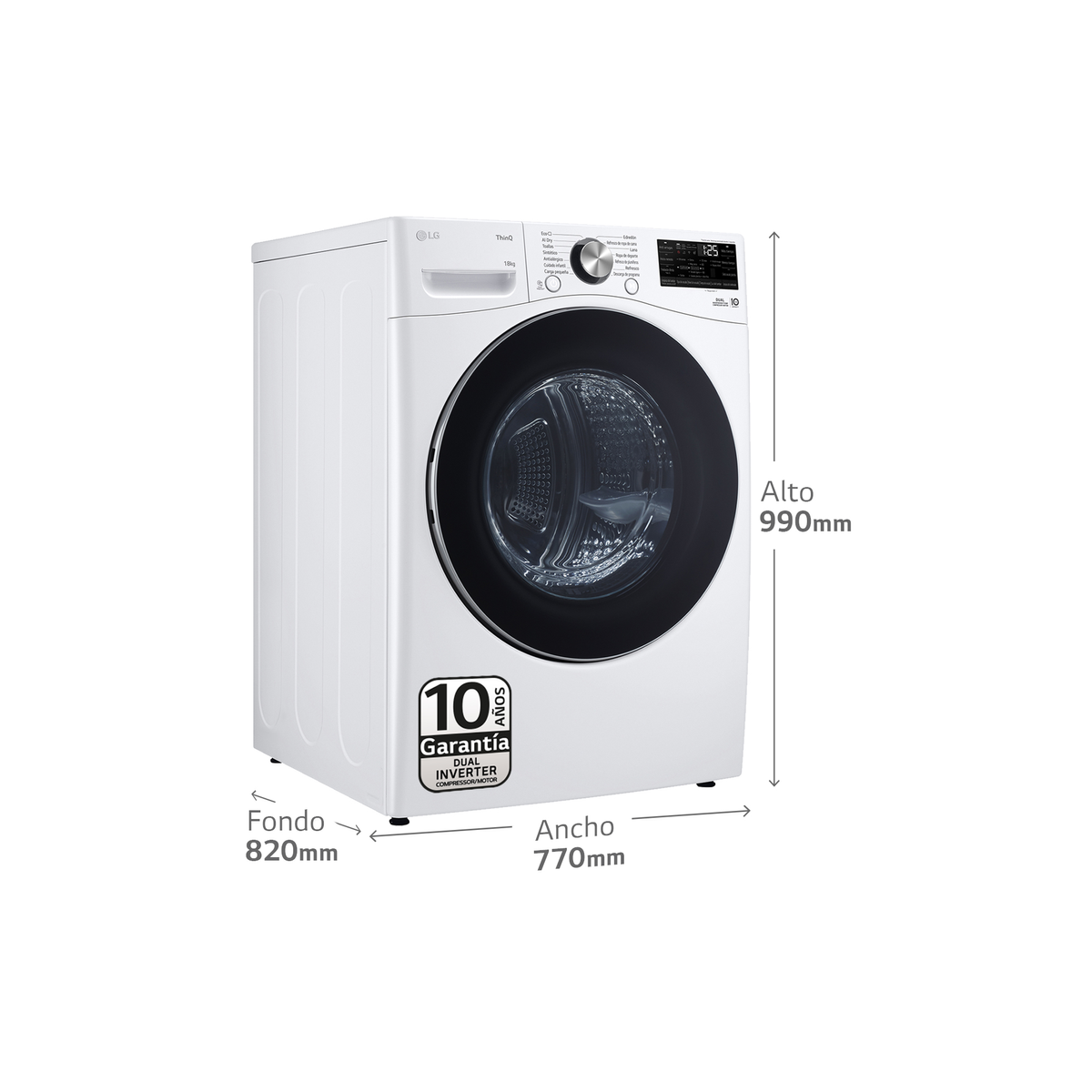 A white LG dryer is displayed, with dimensions and warranty information. The dryer has a black door and control panel, with dimensions.
