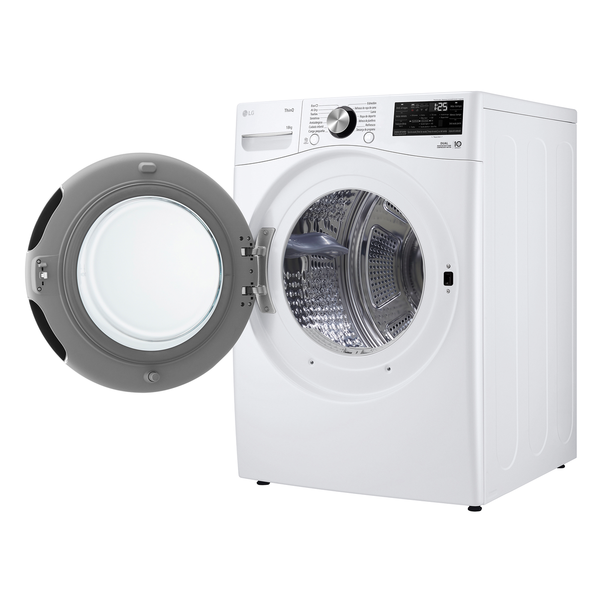 A white LG dryer with the door open. The grey door reveals the drum. The control panel shows settings. It is on a white background.