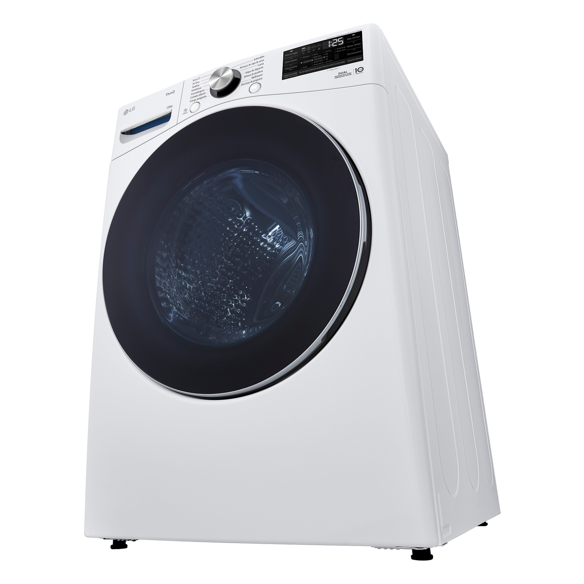 A white LG washing machine with a large, dark circular door. It has a control panel at the top and sits on black feet. The background is white.