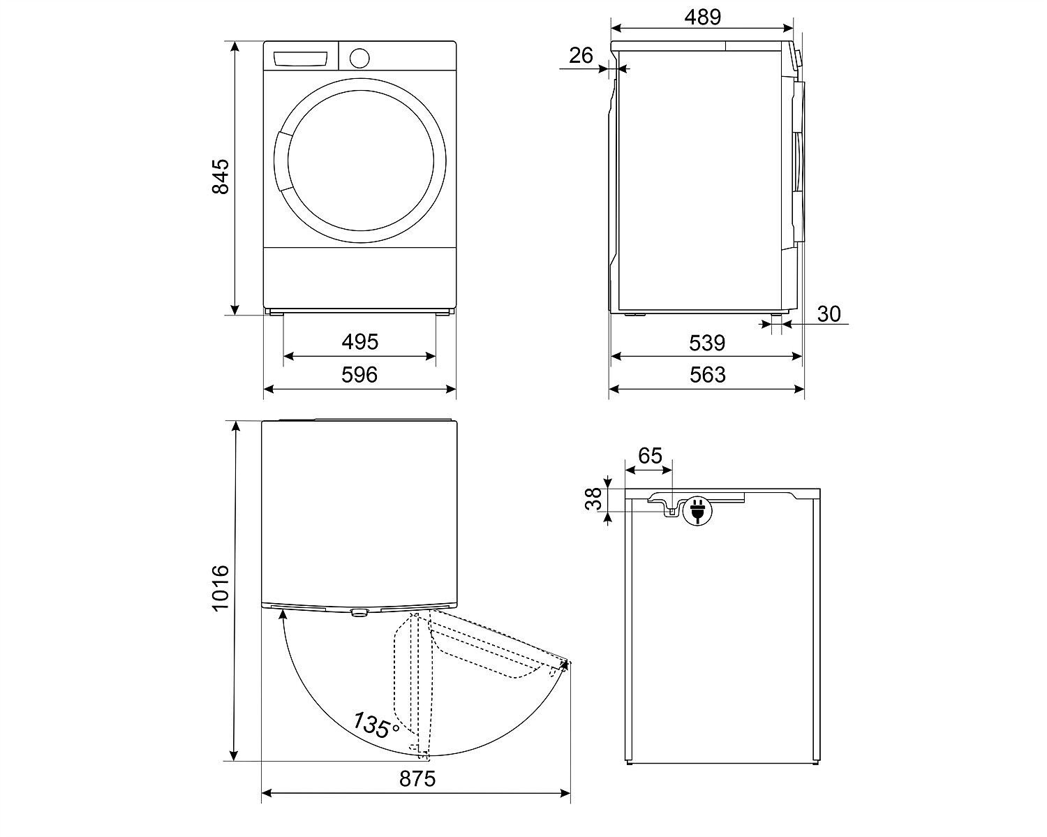 Diagrama de una lavadora con dimensiones. Se muestran vistas frontal, lateral y superior, con medidas en milímetros.