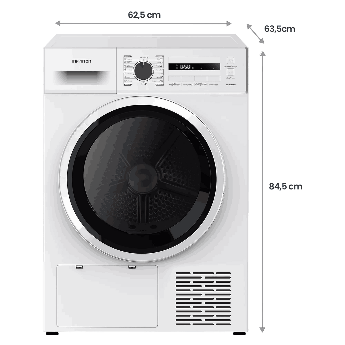 Una secadora Infinition blanca. Tiene una puerta redonda, un panel de control con botones y una pantalla, y una ventilación inferior.