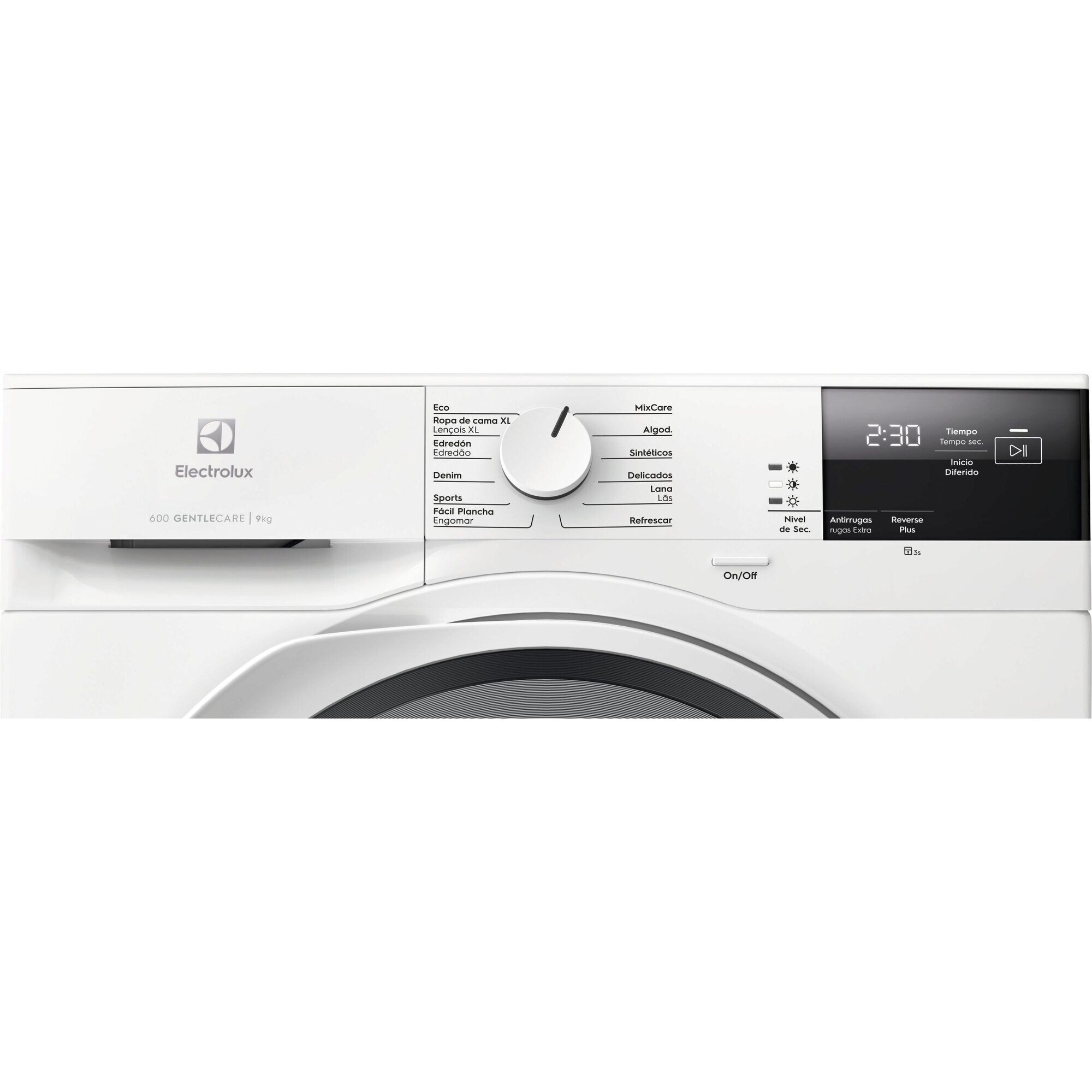 Panel de control de lavadora Electrolux blanco con perilla, pantalla y varias opciones de ciclo de lavado.