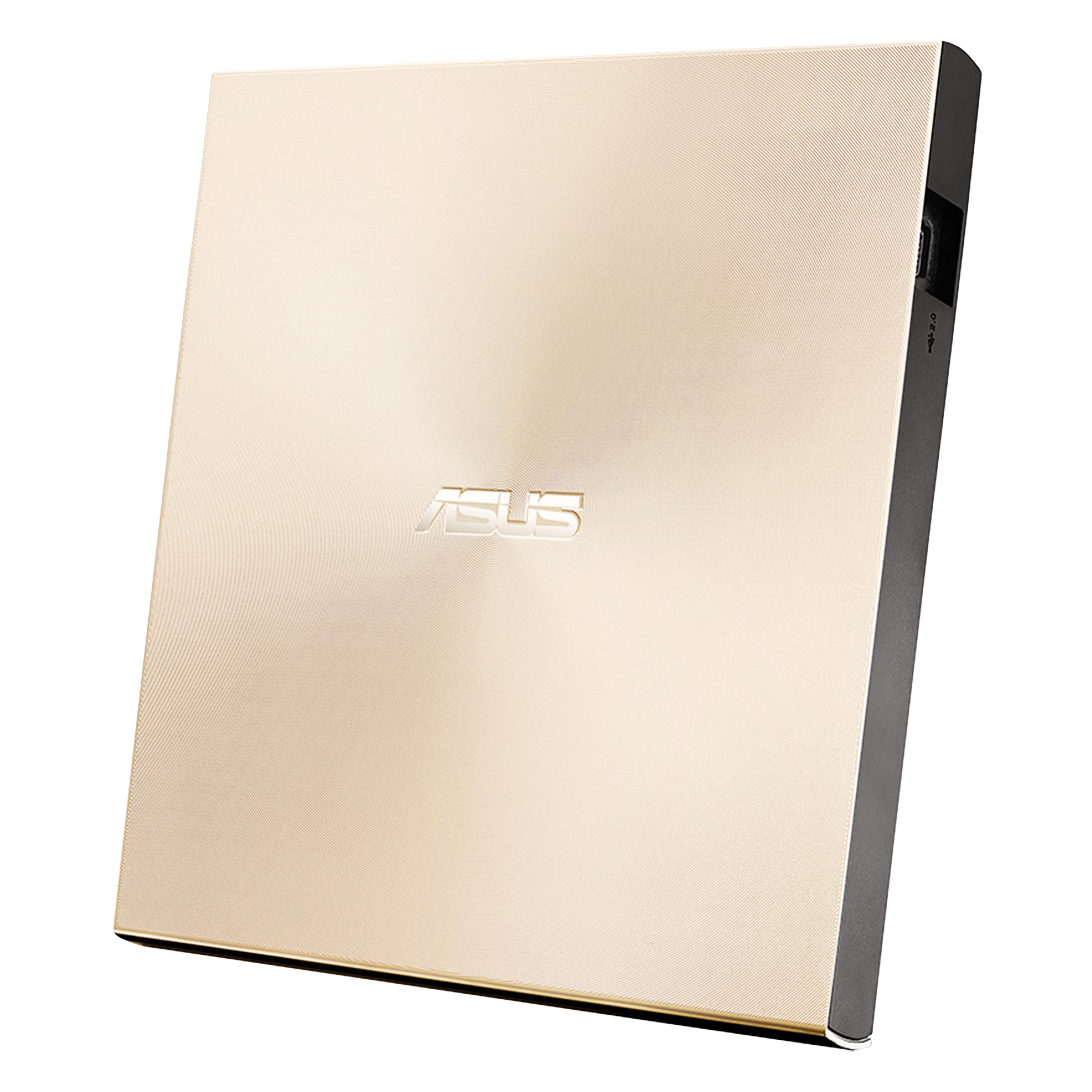 Una unidad óptica externa ASUS dorada sobre un fondo blanco. La unidad es rectangular con el logotipo de ASUS.