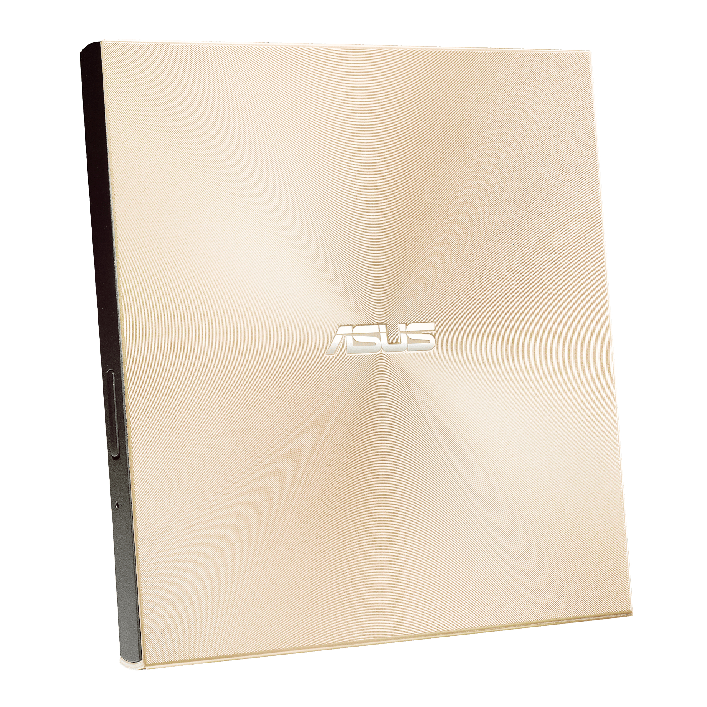 Una unidad de DVD externa Asus dorada. La superficie tiene un patrón circular texturizado. El lado es gris oscuro.