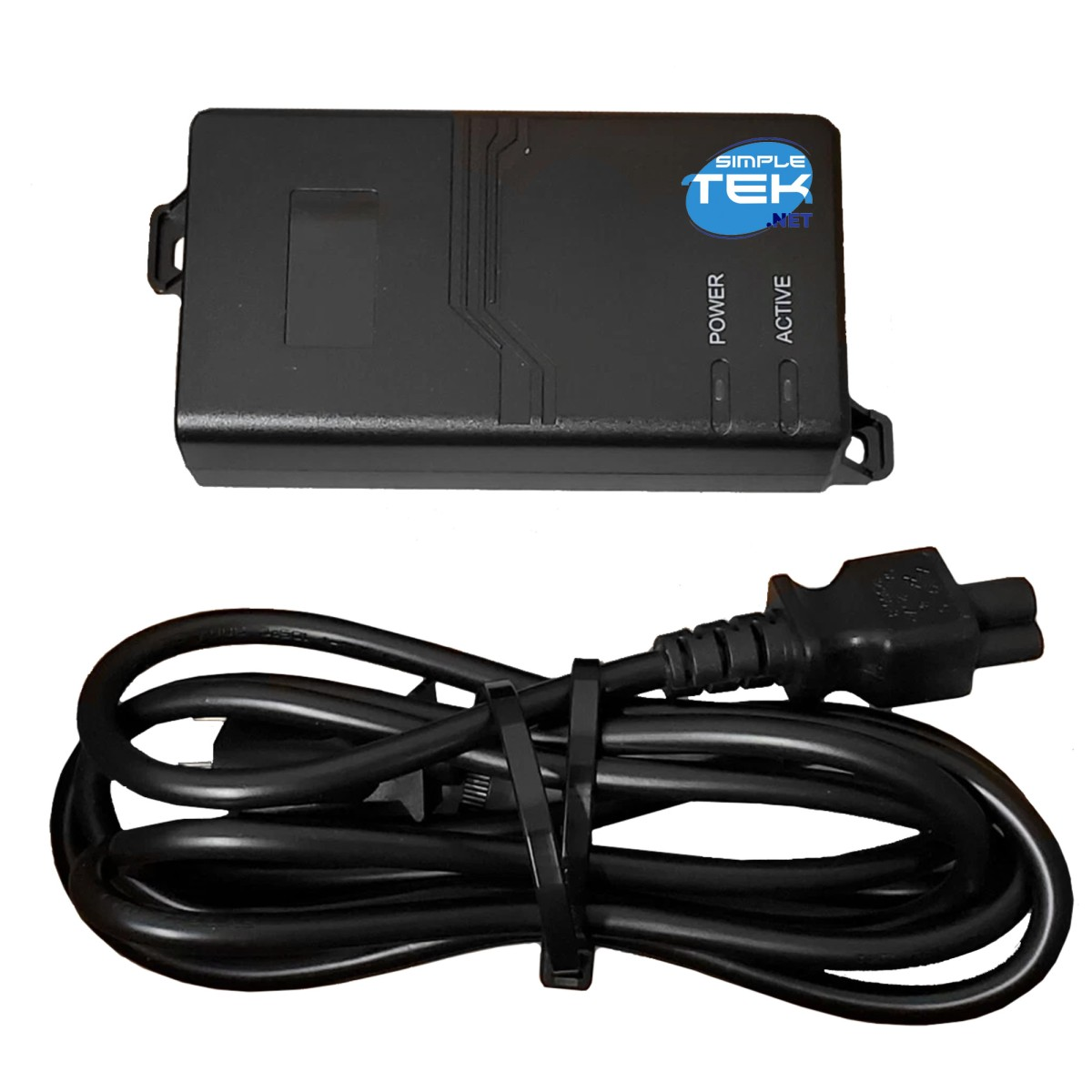 Czarny Simple Tek z przewodem zasilającym. Urządzenie ma wskaźniki zasilania i aktywności. Przewód jest związany czarnym opaską zaciskową.