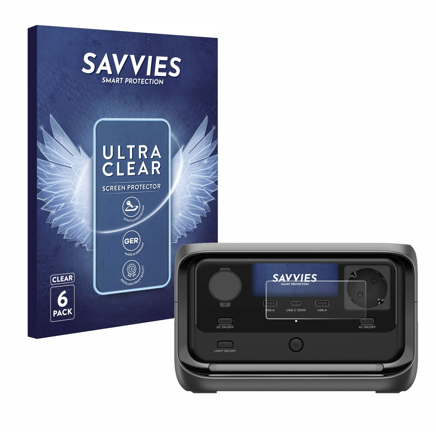 Eine Packung Displayschutzfolien und eine schwarze Powerstation. Die Displayschutzfolienbox hat Flügel. Die Powerstation hat Anschlüsse und einen Bildschirm.