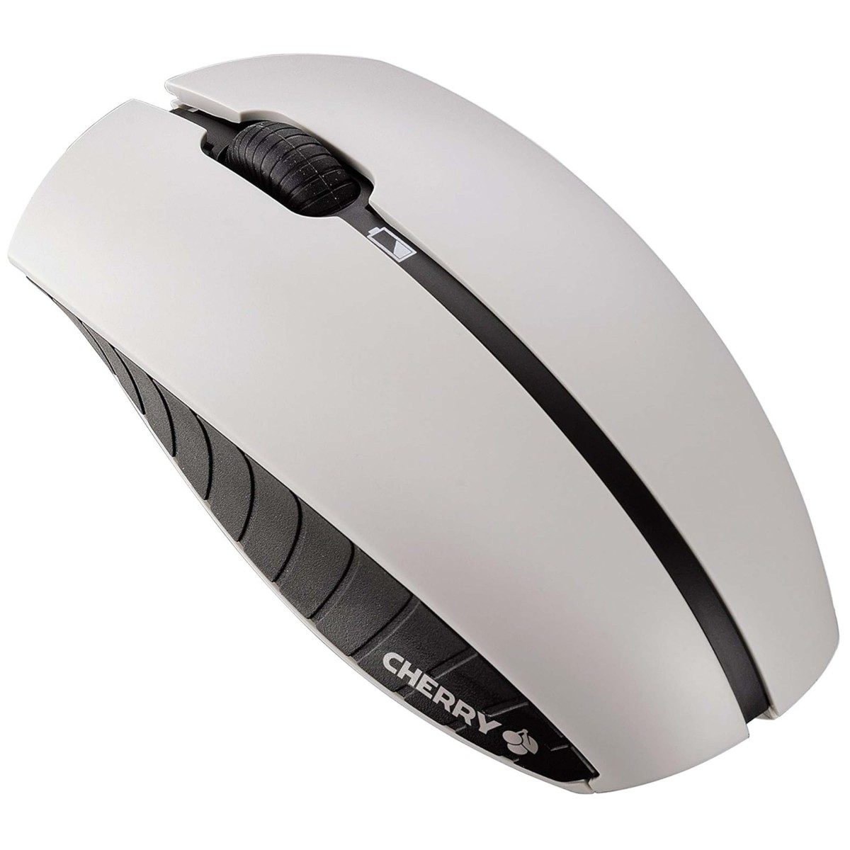 Biała bezprzewodowa mysz komputerowa z czarnym kółkiem przewijania i czarną linią akcentującą. Widoczna jest nazwa marki 'CHERRY'.