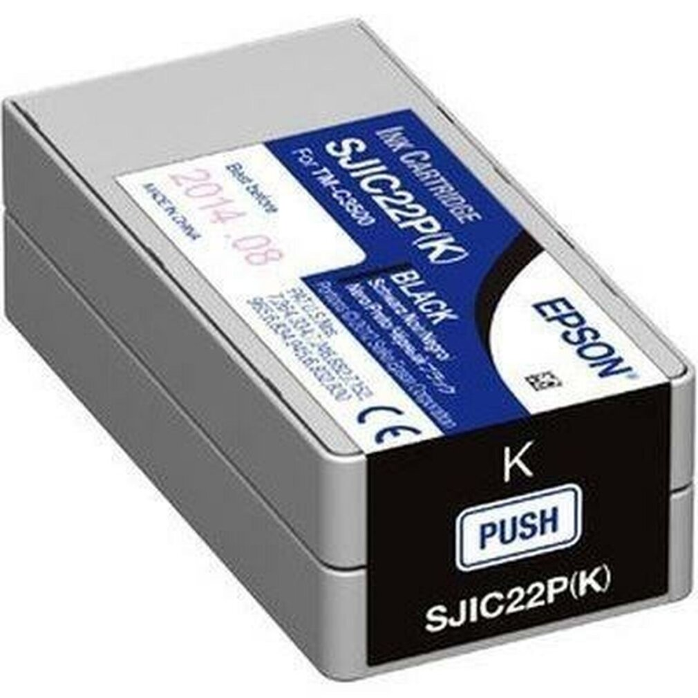 Eine schwarze Epson SJIC22P(K) Tintenpatrone. Sie hat eine 'Push'-Taste und das Verfallsdatum 2014.08. Auf dem Etikett steht 'Tintenpatrone' und 'schwarz'.