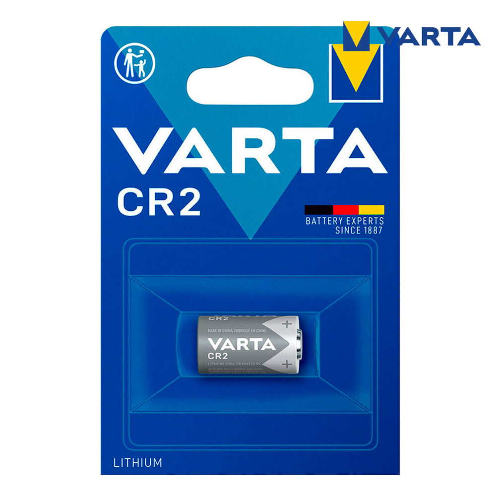 A blue Varta CR2 battery package. The package shows the battery, Varta logo, and text 'Battery Experts Since 1887'. 