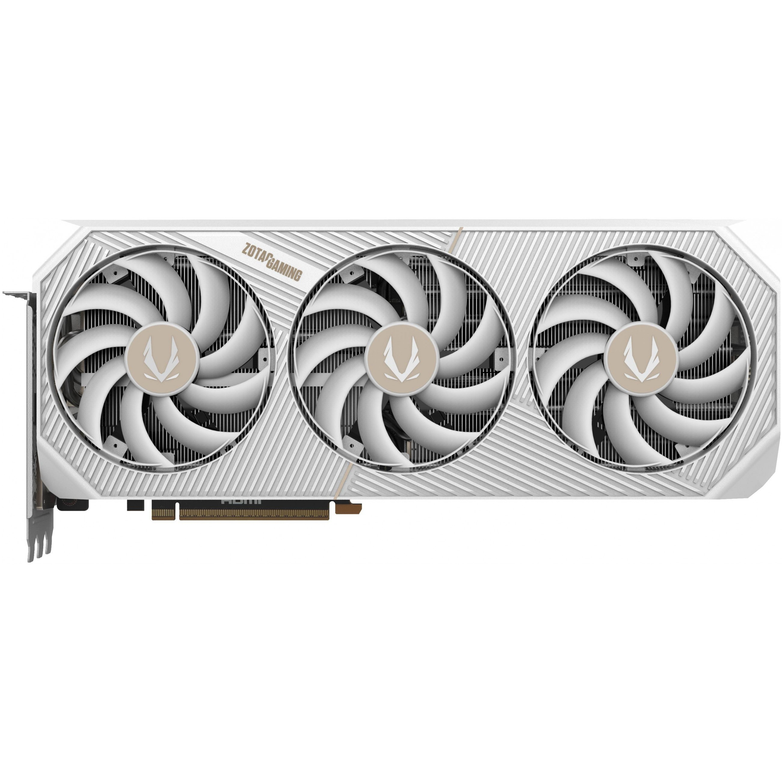 Una scheda grafica Zotac Gaming bianca con tre ventole. Ogni ventola ha un logo al centro.